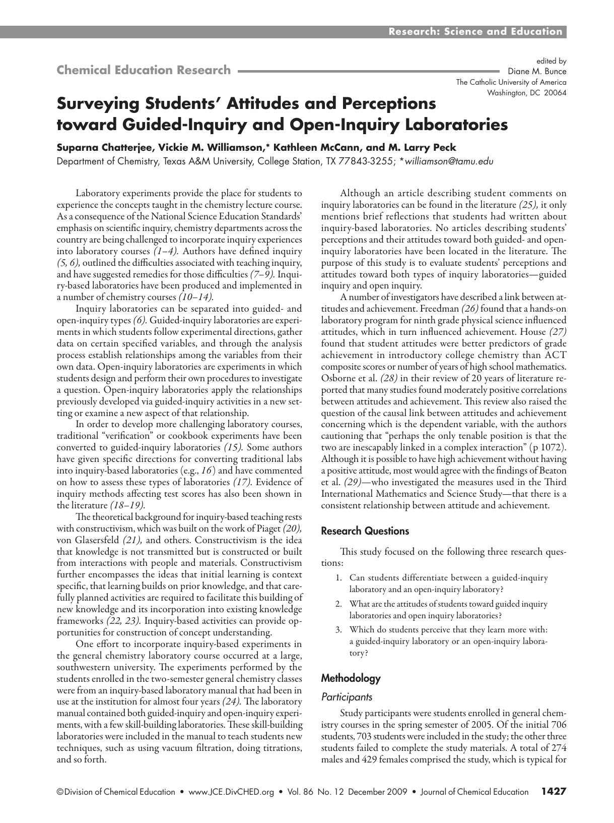 Surveying Students' Attitudes and Perceptions toward Guided-Inquiry and Open-Inquiry Laboratories by Suparna Chatterjee Vickie M. Williamson Kathleen McCann and M. Larry Peck