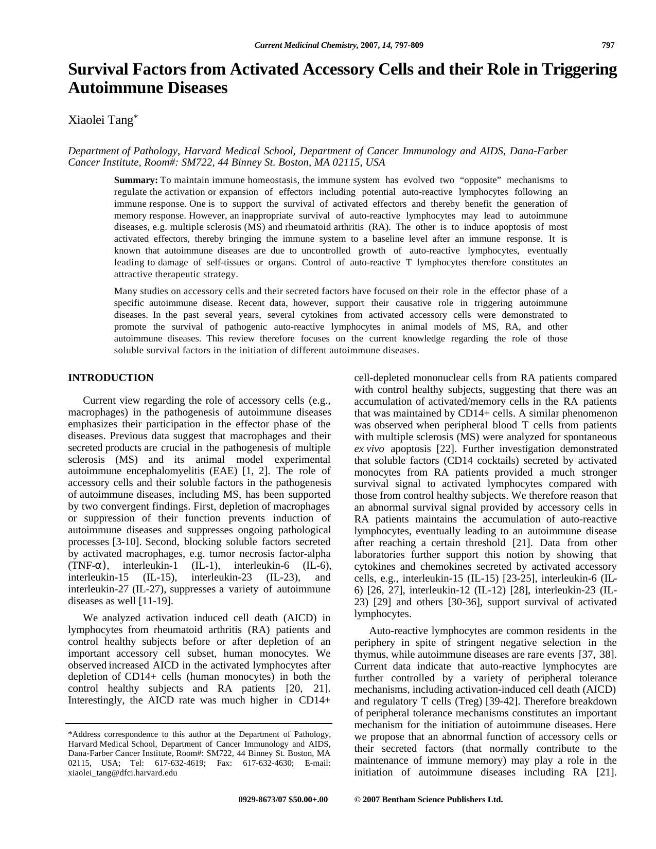 Survival Factors from Activated Accessory Cells and their Role in Triggering Autoimmune Diseases by Xiaolei Tang