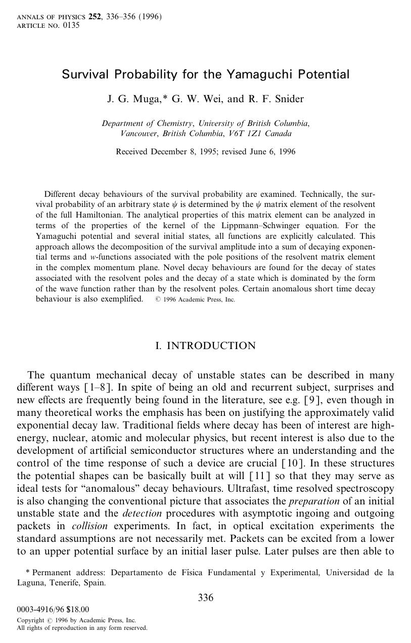 Survival Probability for the Yamaguchi Potential by Muga J. G. et al
