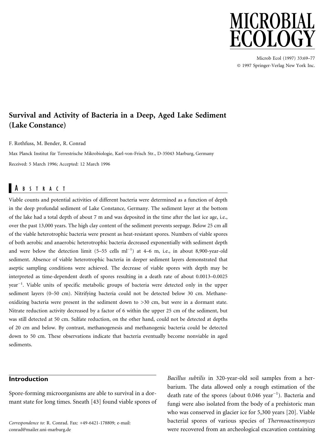 Survival and Activity of Bacteria in a Deep, Aged Lake Sediment (Lake Constance) by Rothfuss F. et al