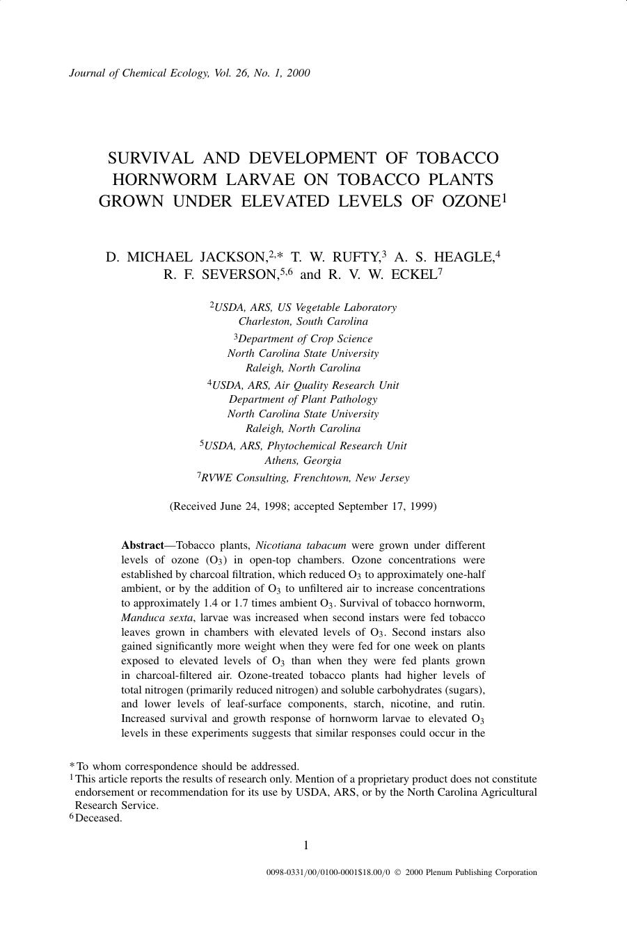 Survival and Development of Tobacco Hornworm Larvae on Tobacco Plants Grown Under Elevated Levels of Ozone by Unknown