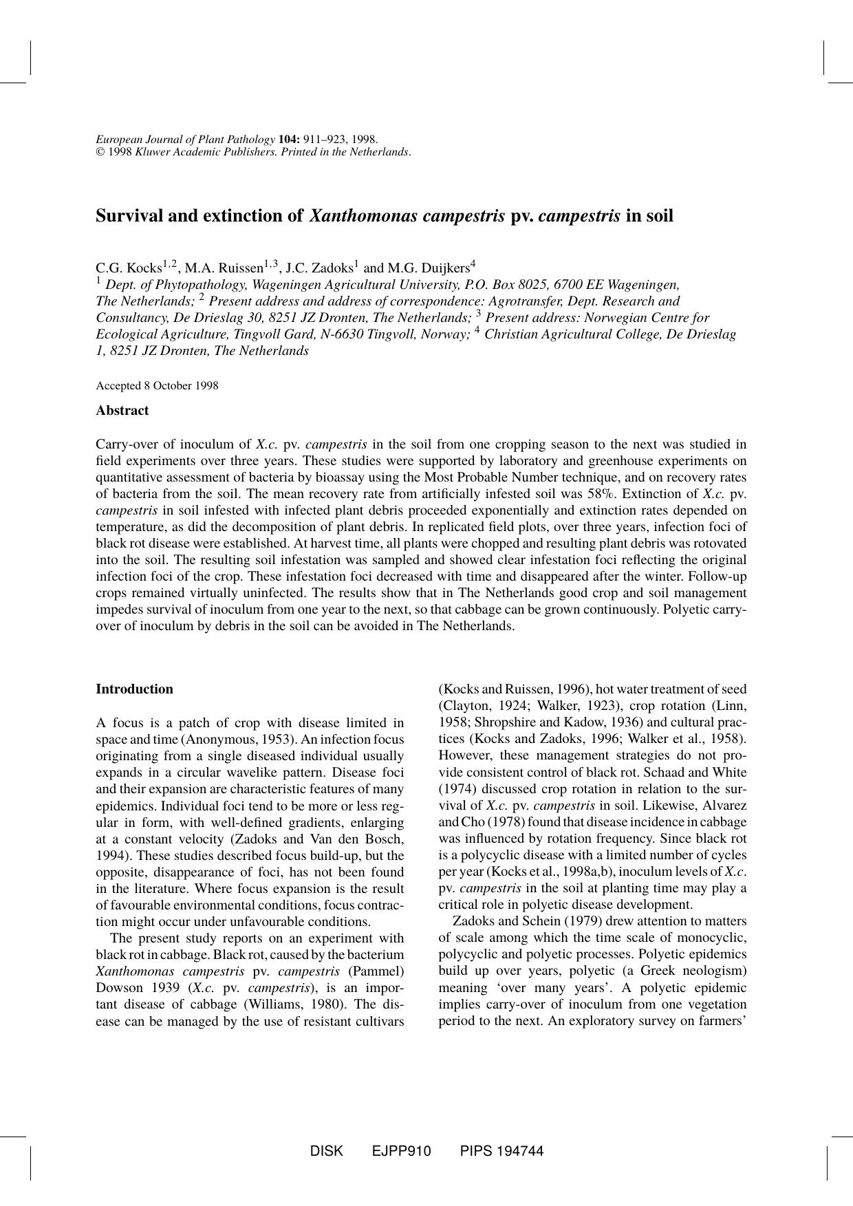 Survival and Extinction of Xanthomonas campestris pv. campestris in Soil by Unknown
