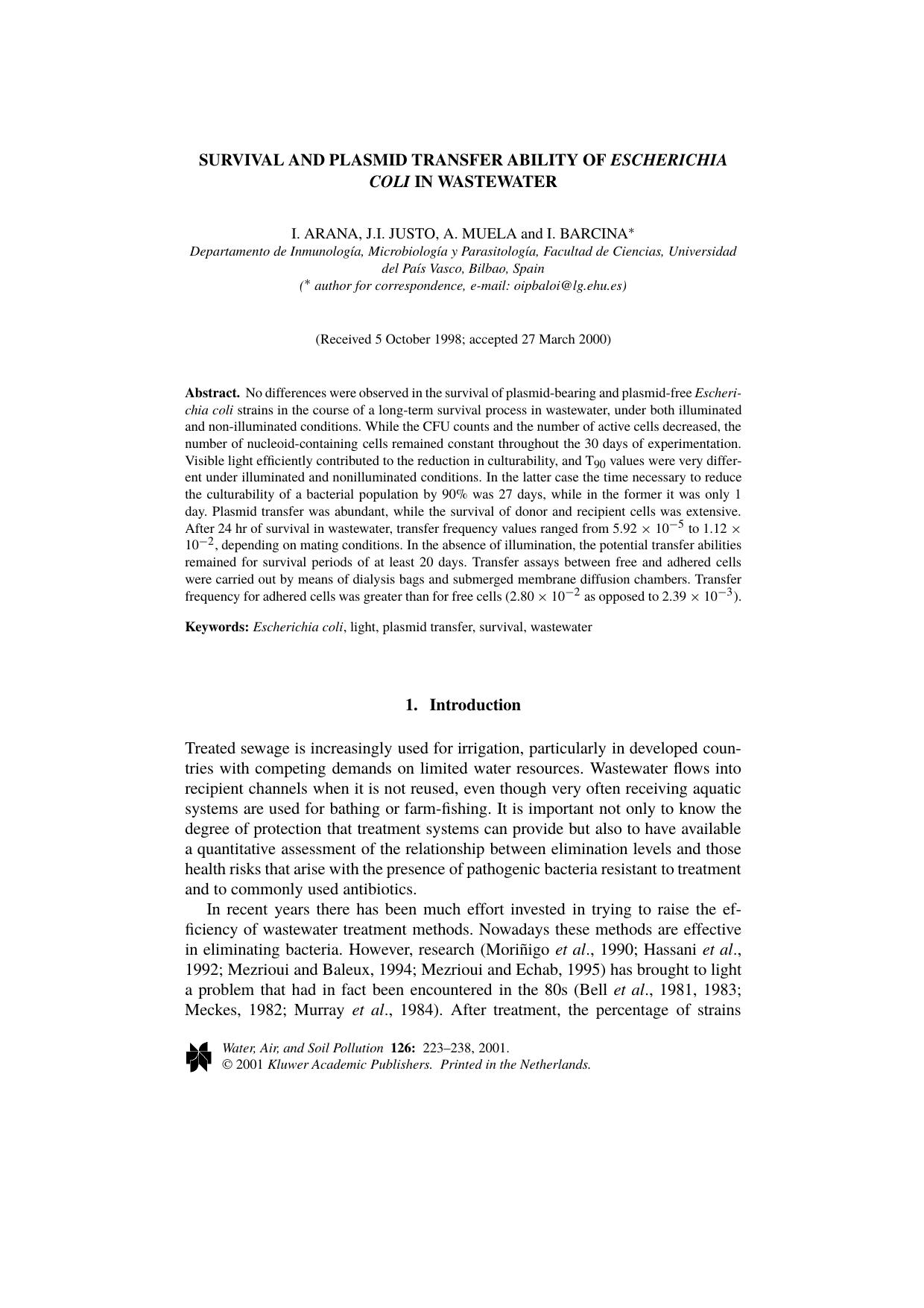 Survival and Plasmid Transfer Ability of Escherichia Coli in Wastewater by Unknown