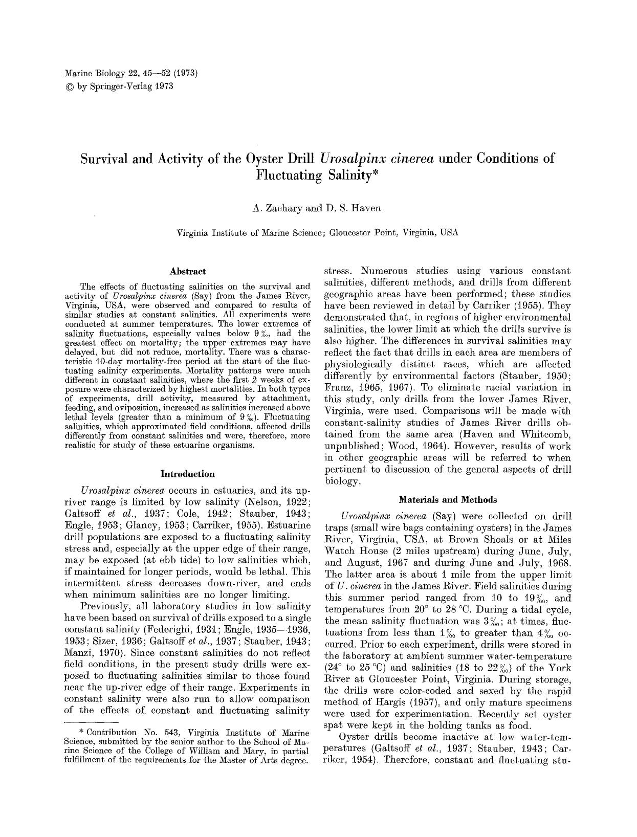 Survival and activity of the oyster drill <Emphasis Type="Italic">Urosalpinx cinerea<Emphasis> under conditions of fluctuating salinity by Unknown