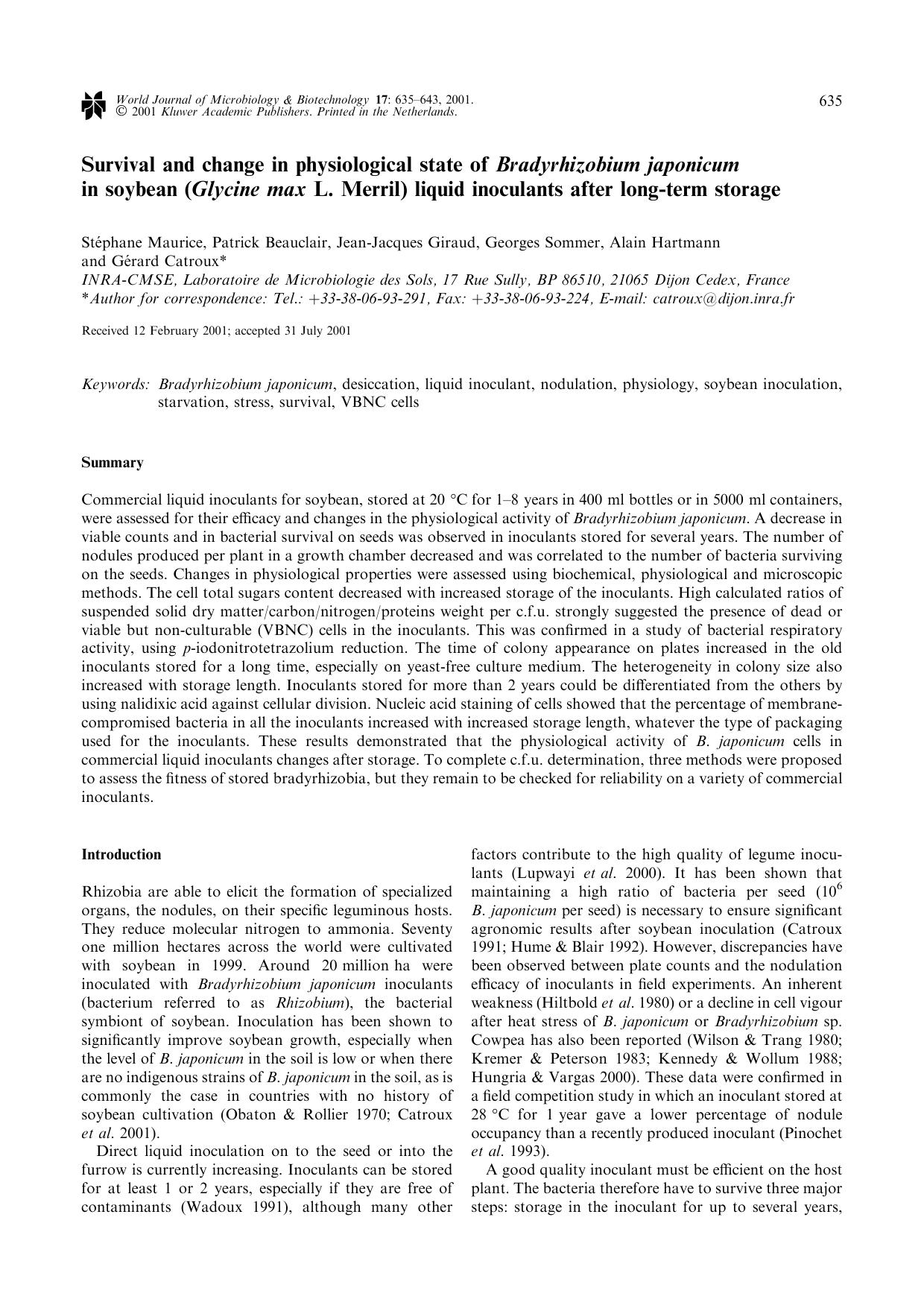 Survival and change in physiological state of Bradyrhizobium japonicum in soybean (Glycine max L. Merril) liquid inoculants after long-term storage by Unknown