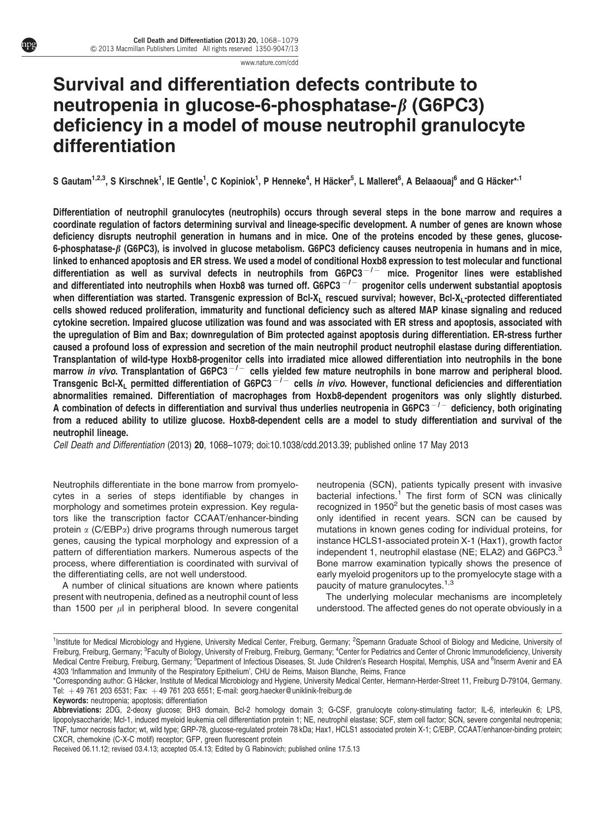 Survival and differentiation defects contribute to neutropenia in glucose-6-phosphatase-&beta; (G6PC3) deficiency in a model of mouse neutrophil granulocyte differentiation by unknow
