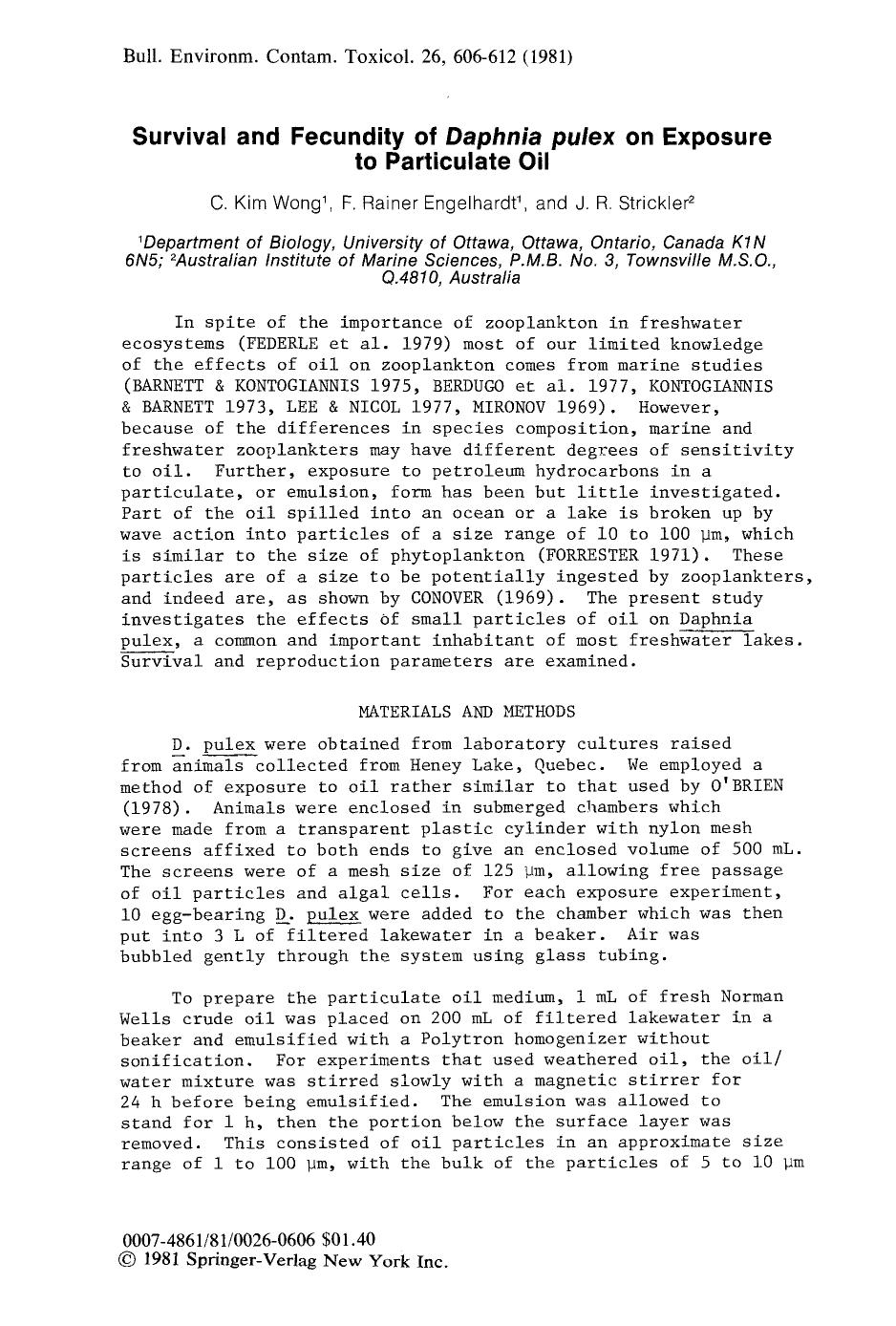 Survival and fecundity of <Emphasis Type="Italic">Daphnia pulex <Emphasis> on exposure to particulate oil by Unknown