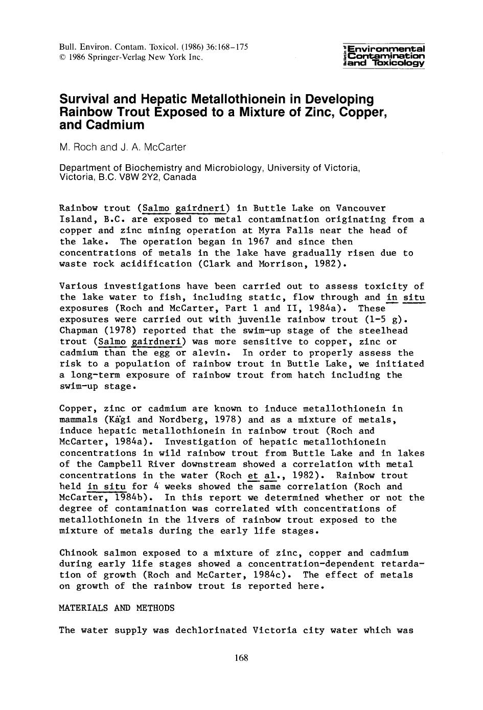 Survival and hepatic metallothionein in developing rainbow trout exposed to a mixture of zinc, copper, and cadmium by Unknown