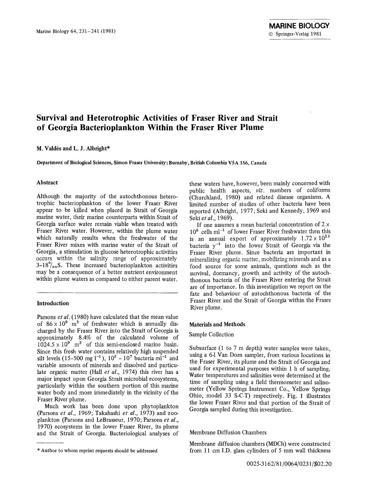 Survival and heterotrophic activities of Fraser River and Strait of Georgia bacterioplankton within the Fraser River plume by Unknown