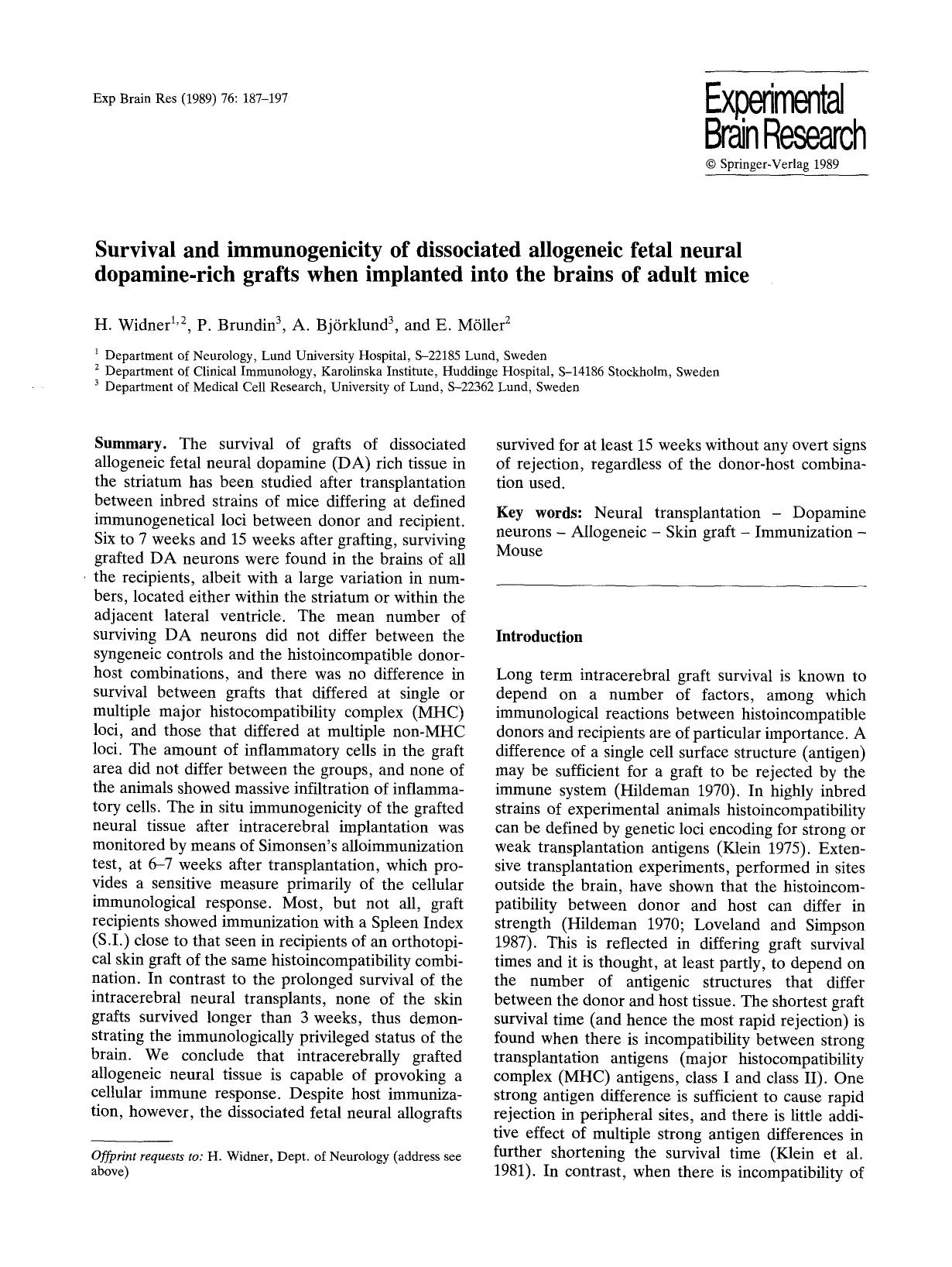 Survival and immunogenicity of dissociated allogeneic fetal neural dopamine-rich grafts when implanted into the brains of adult mice by Unknown