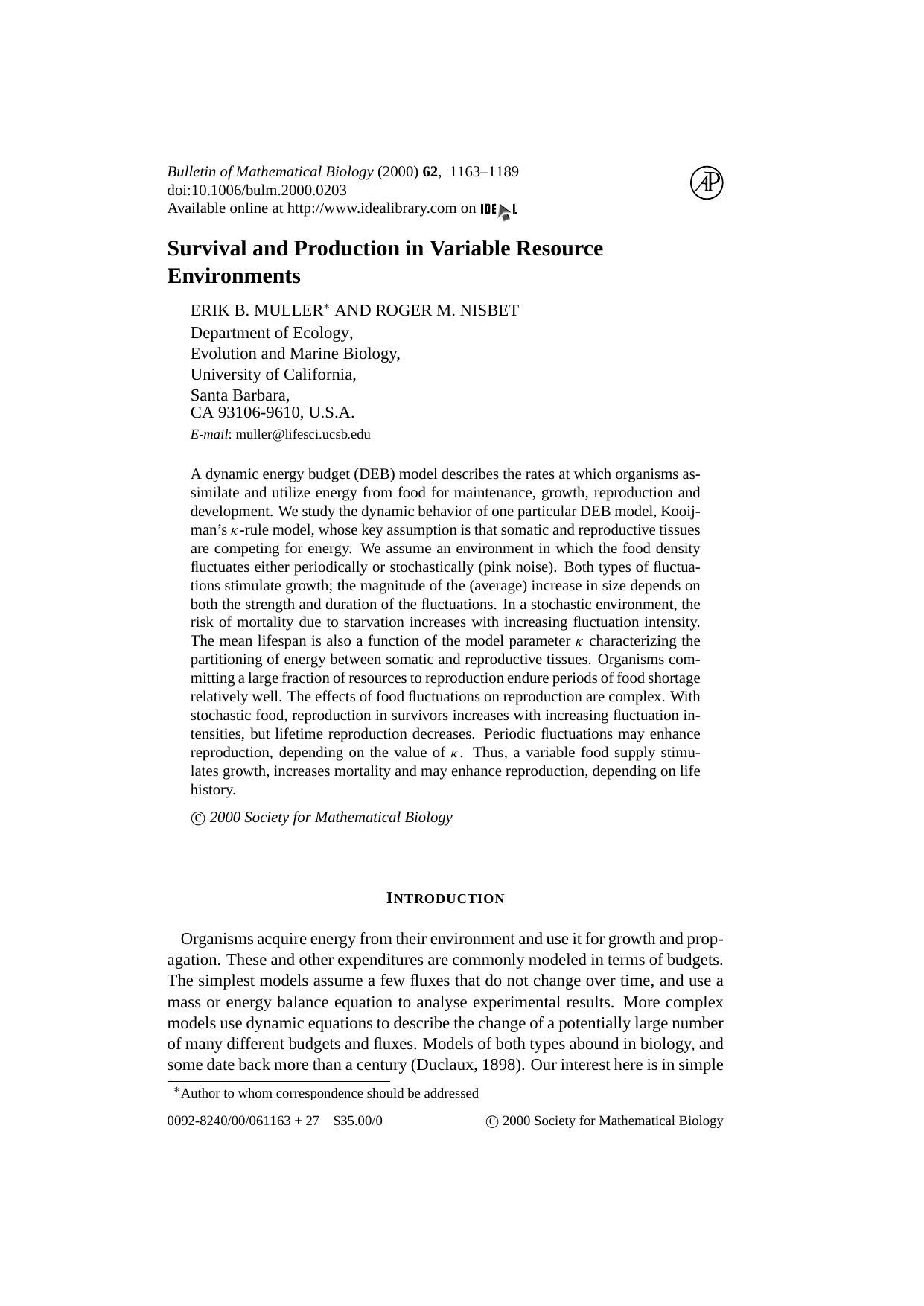 Survival and production in variable resource environments by Unknown