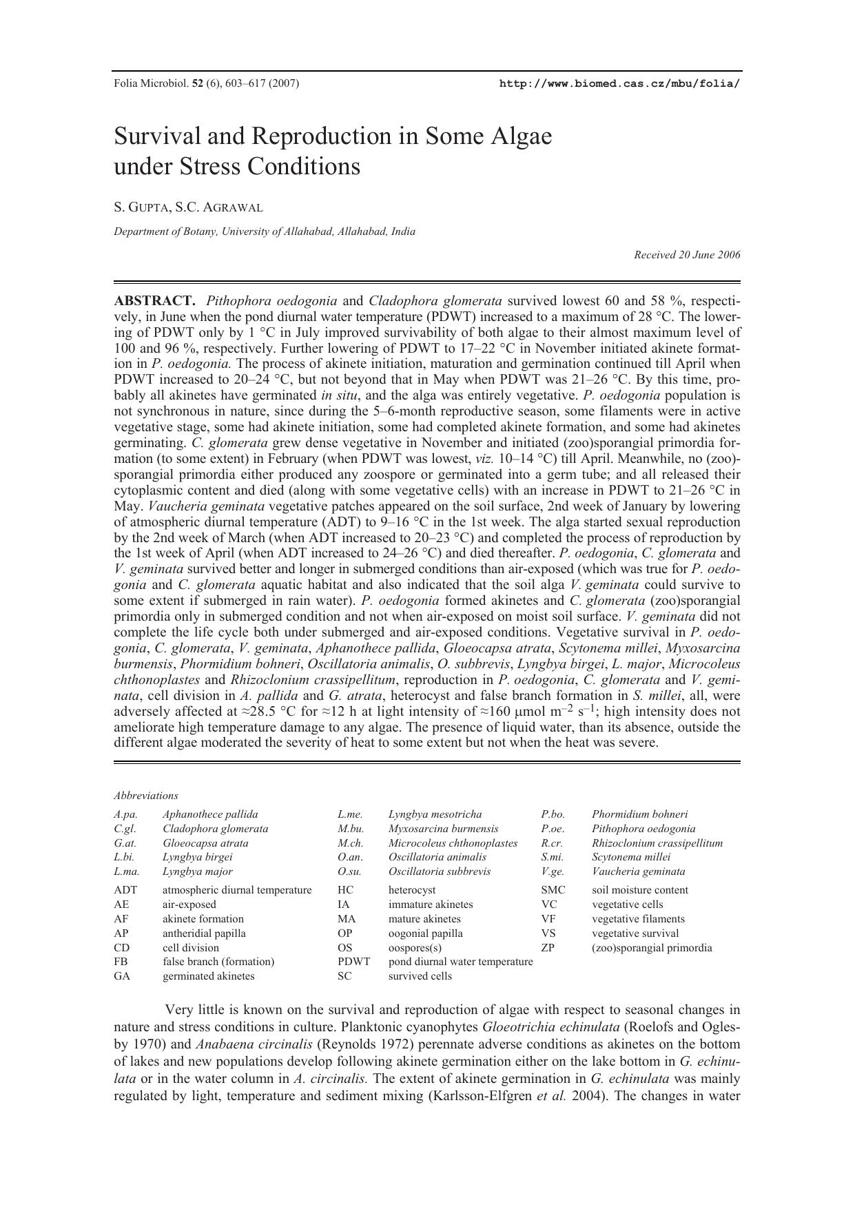 Survival and reproduction in some algae under stress conditions by Unknown