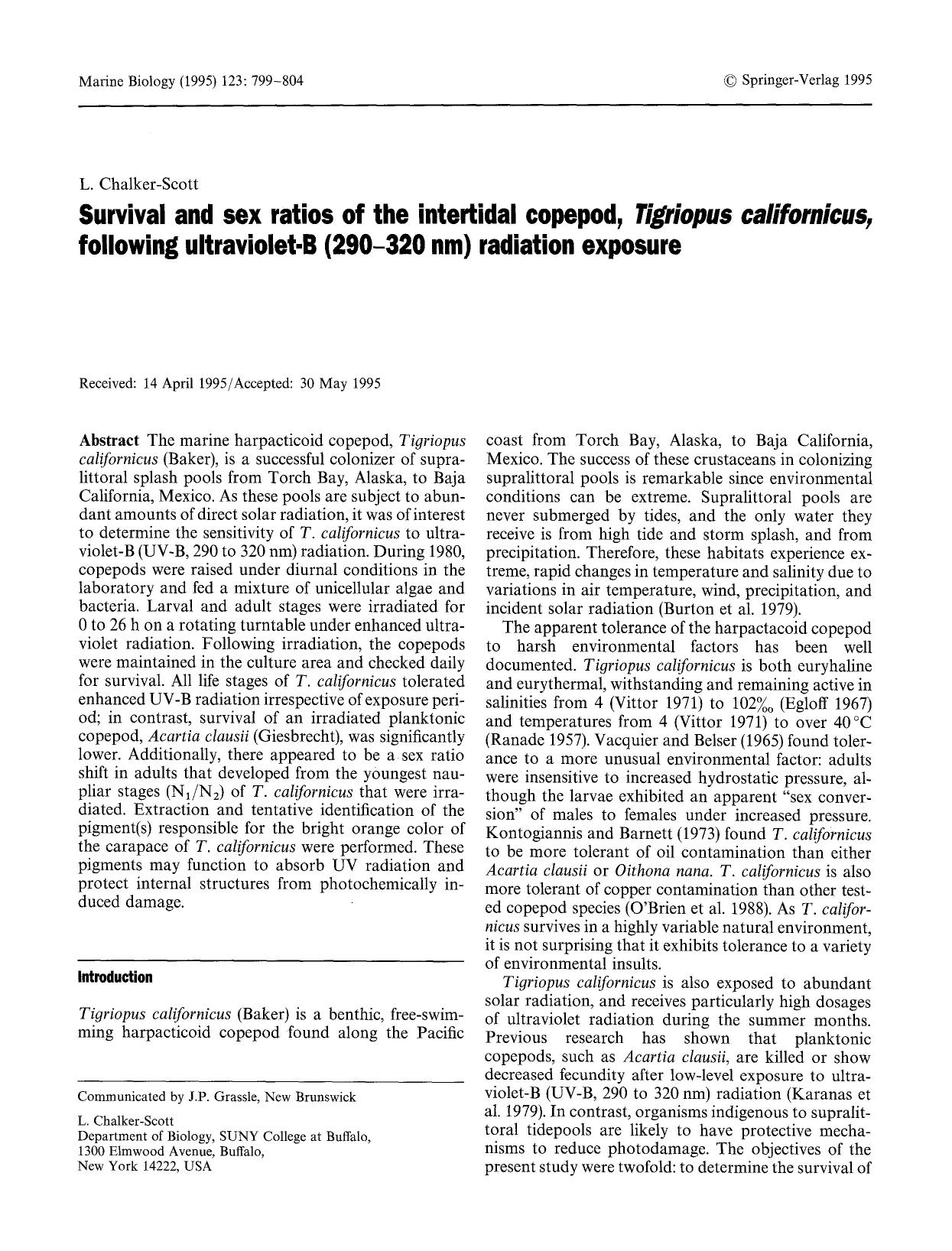 Survival and sex ratios of the intertidal copepod, <Emphasis Type="Italic">Tigriopus californicus<Emphasis>, following ultraviolet-B (290&#x2013;320 nm) radiation exposure by Unknown