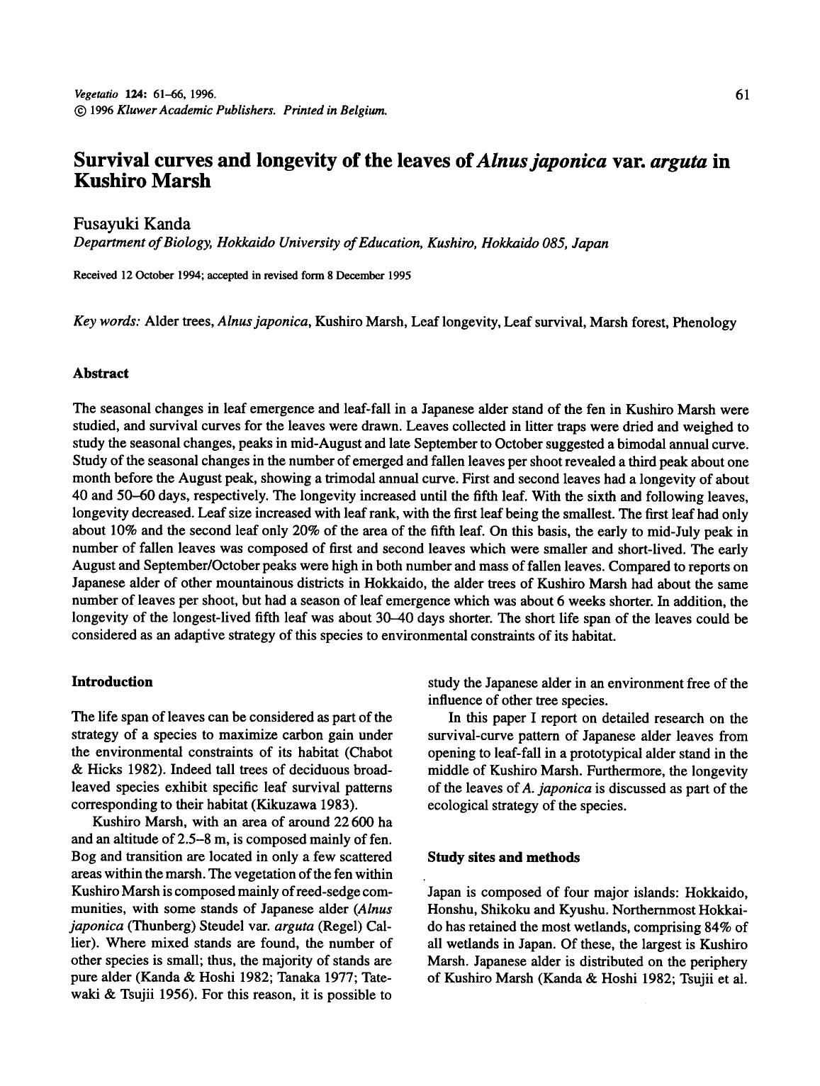 Survival curves and longevity of the leaves of <Emphasis Type="Italic">Alnus japonica<Emphasis> var. <Emphasis Type="Italic">arguta<Emphasis> in Kushiro Marsh by Unknown