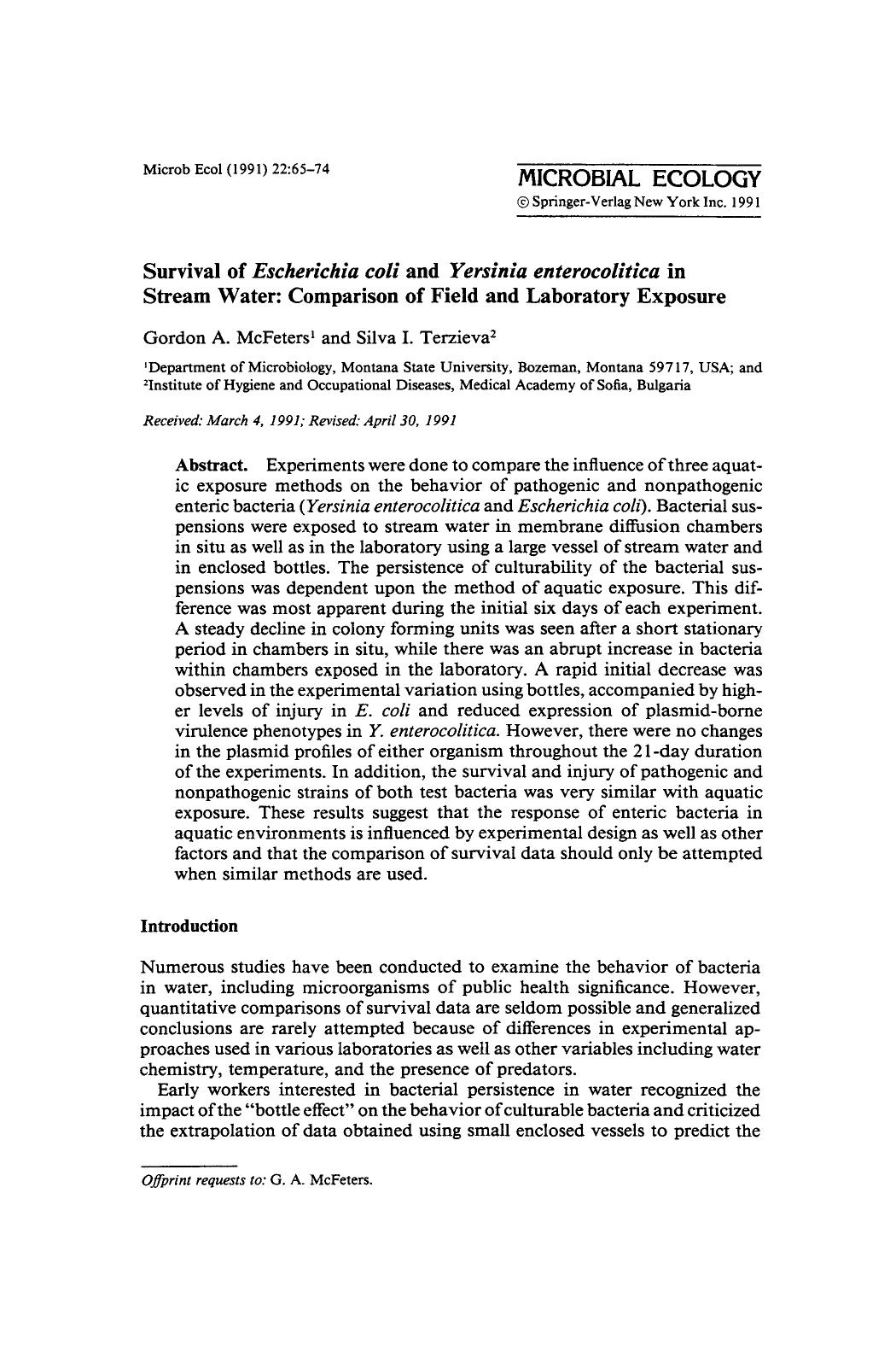 Survival of <Emphasis Type="Italic">Escherichia coli <Emphasis> and <Emphasis Type="Italic">Yersinia enterocolitica <Emphasis> in stream water: Comparison of field and laboratory exposure by Unknown