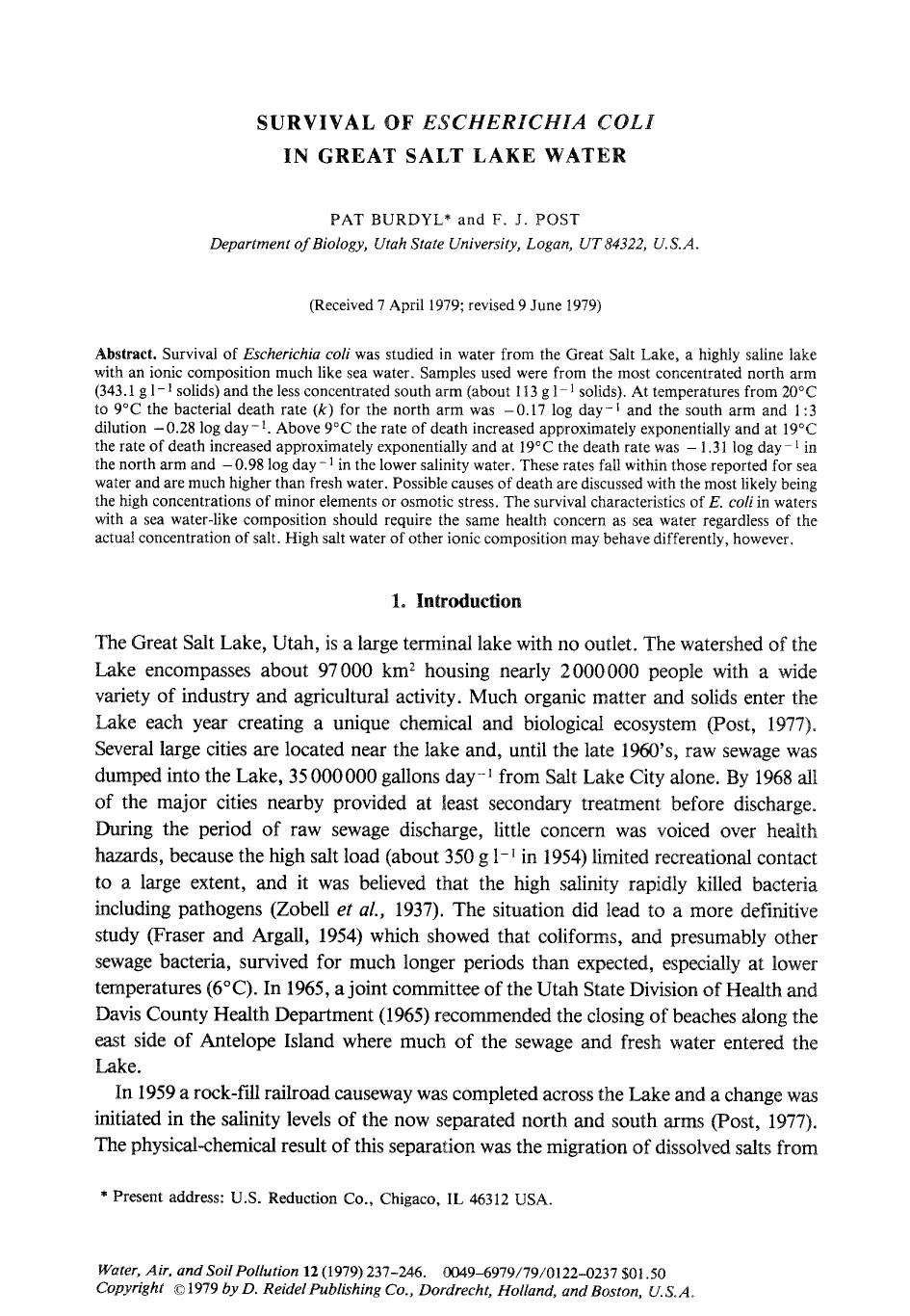 Survival of <Emphasis Type="Italic">Escherichia coli <Emphasis> in great salt lake water by Unknown