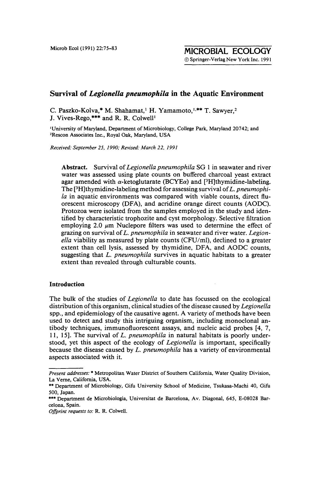 Survival of <Emphasis Type="Italic">Legionella pneumophila <Emphasis> in the aquatic environment by Unknown