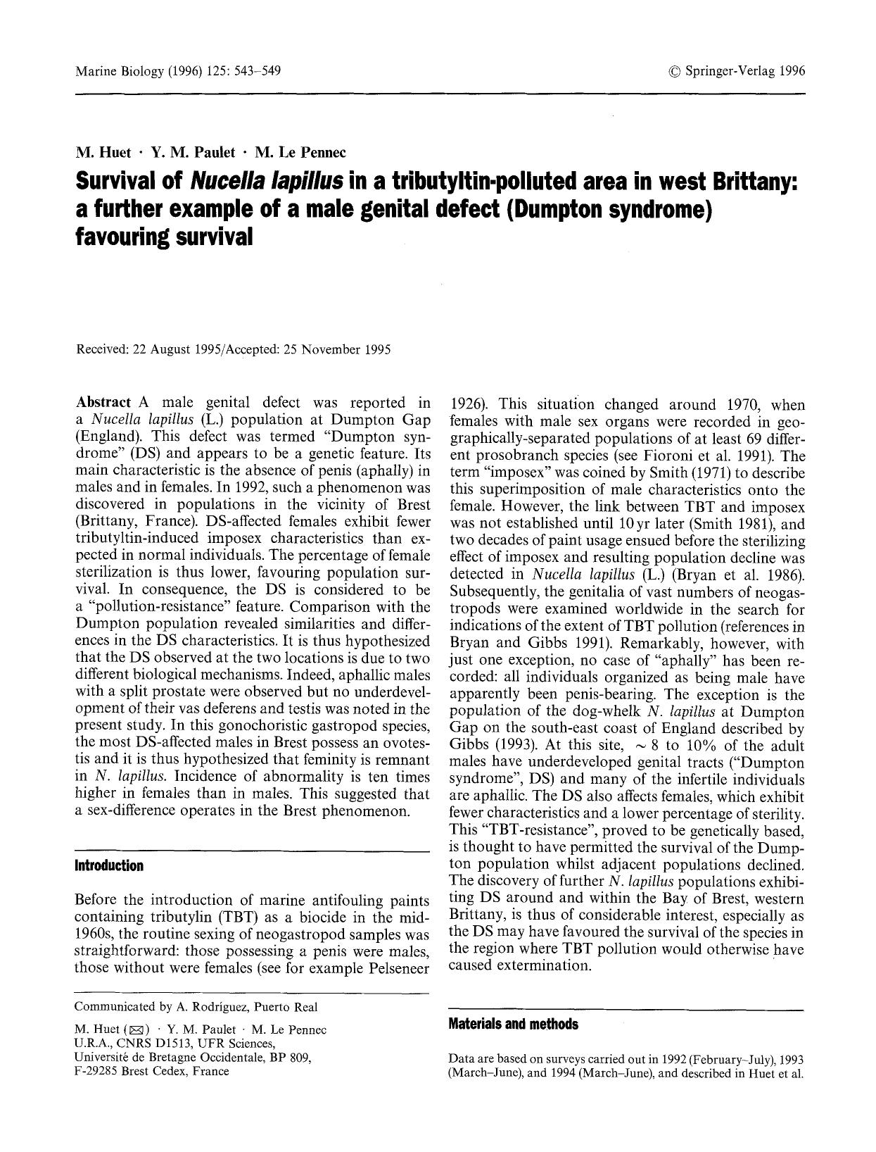 Survival of <Emphasis Type="Italic">Nucella lapillus<Emphasis> in a tributyltin-polluted area in west Brittany: a further example of a male genital defect (Dumpton syndrome) favouring survival by Unknown