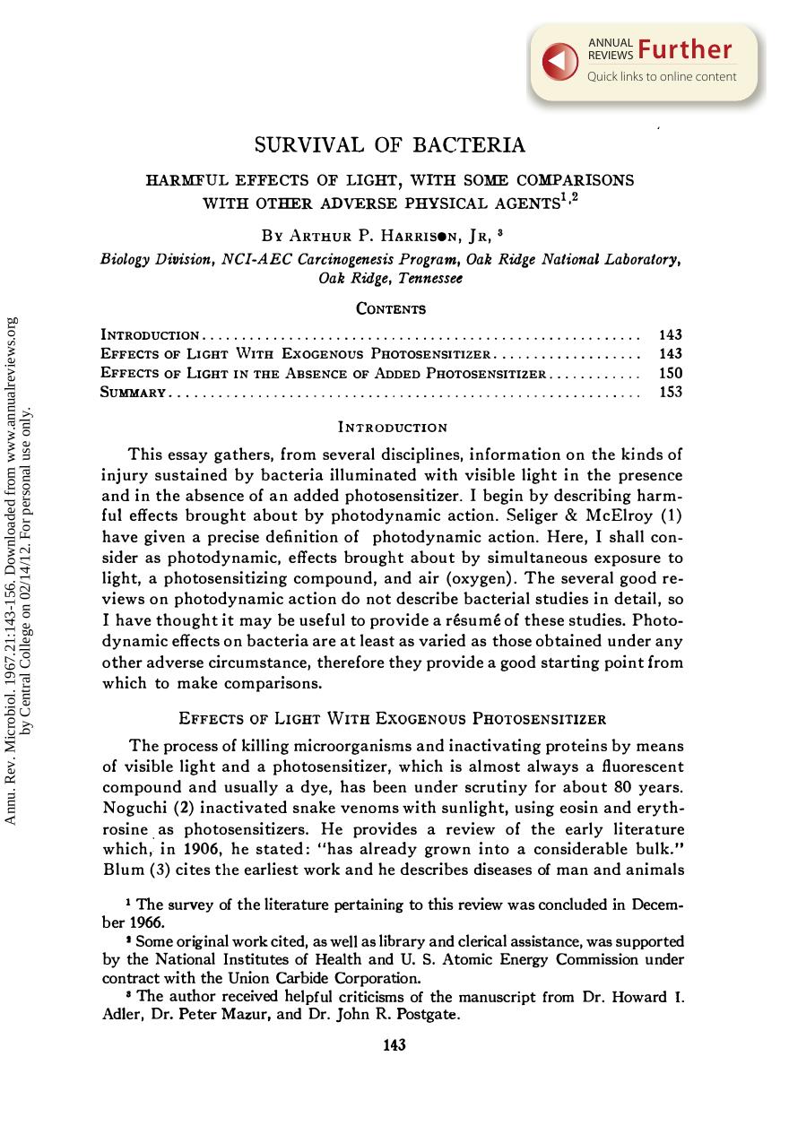 Survival of Bacteria Harmful,Effects of Light, with some Comparisons with other Adverse Physical Agents by A P Harrison Jr