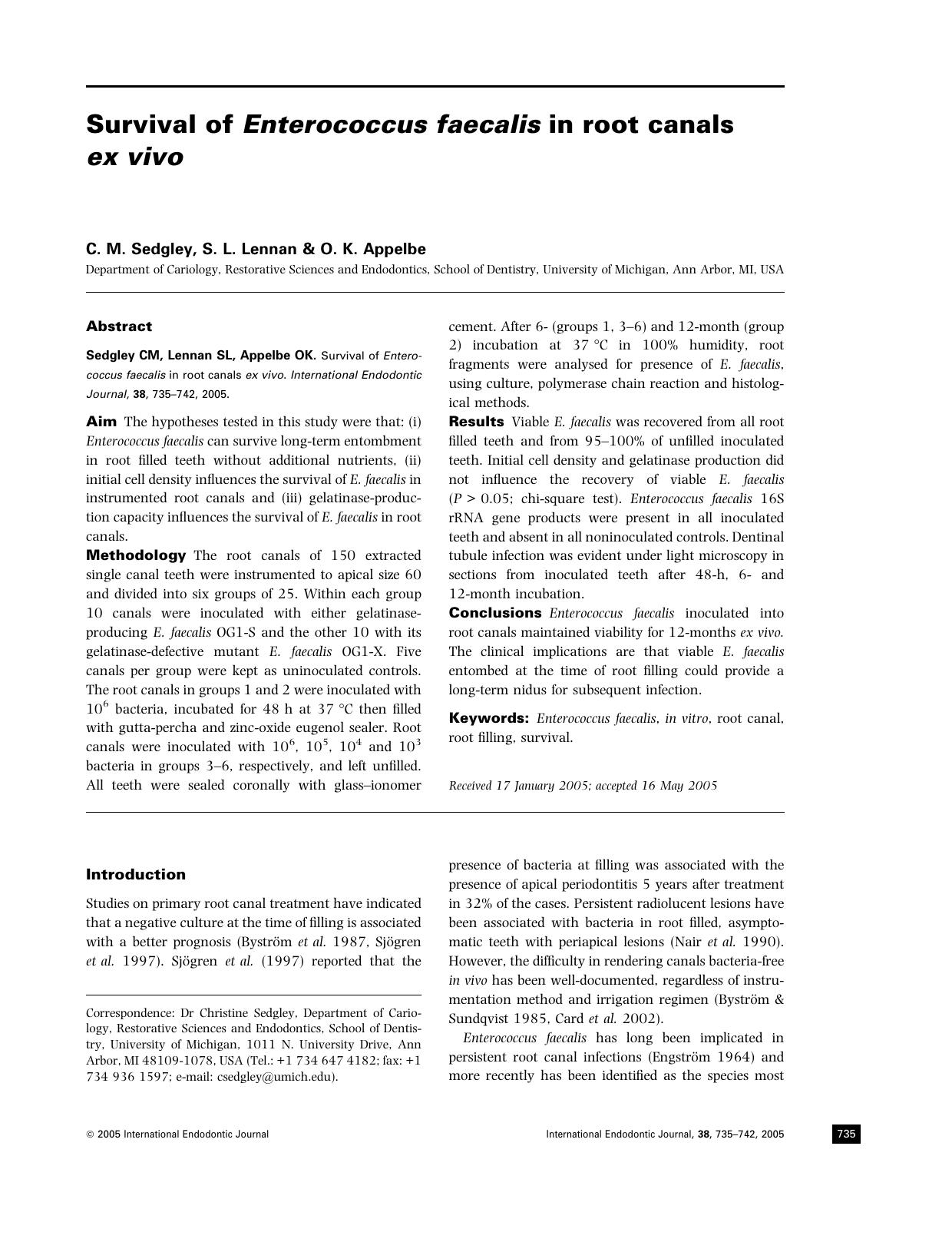 Survival of Enterococcus faecalis in root canals ex vivo by Unknown