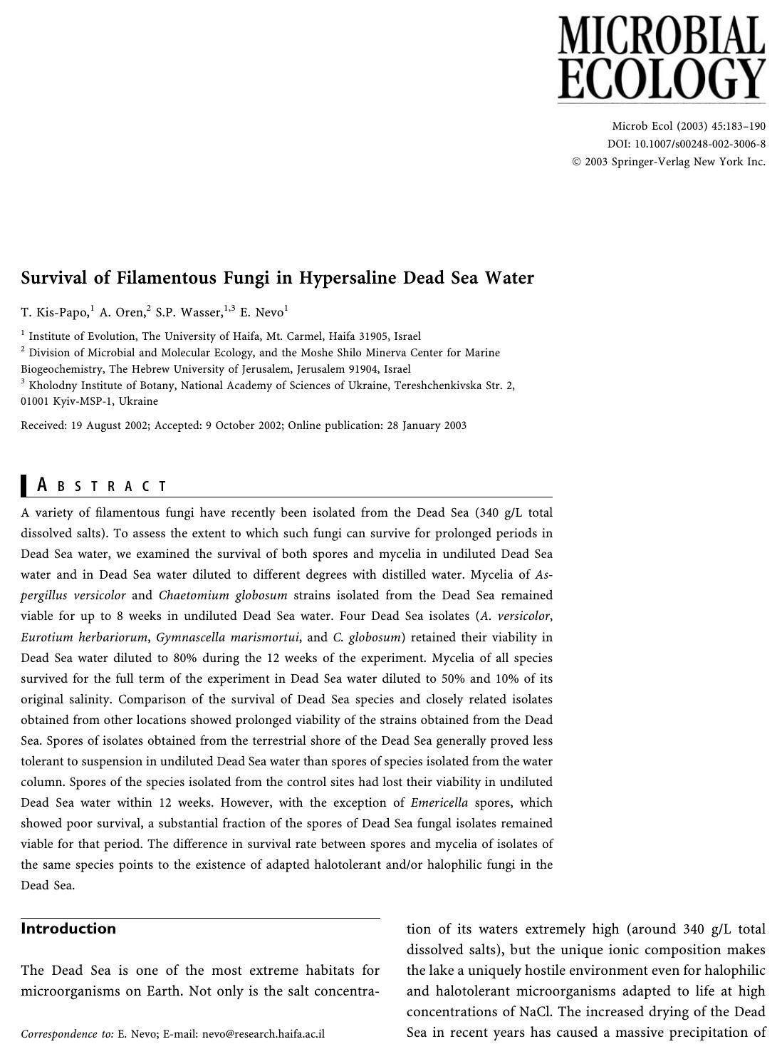 Survival of Filamentous Fungi in Hypersaline Dead Sea Water by Kis-Papo T. et al