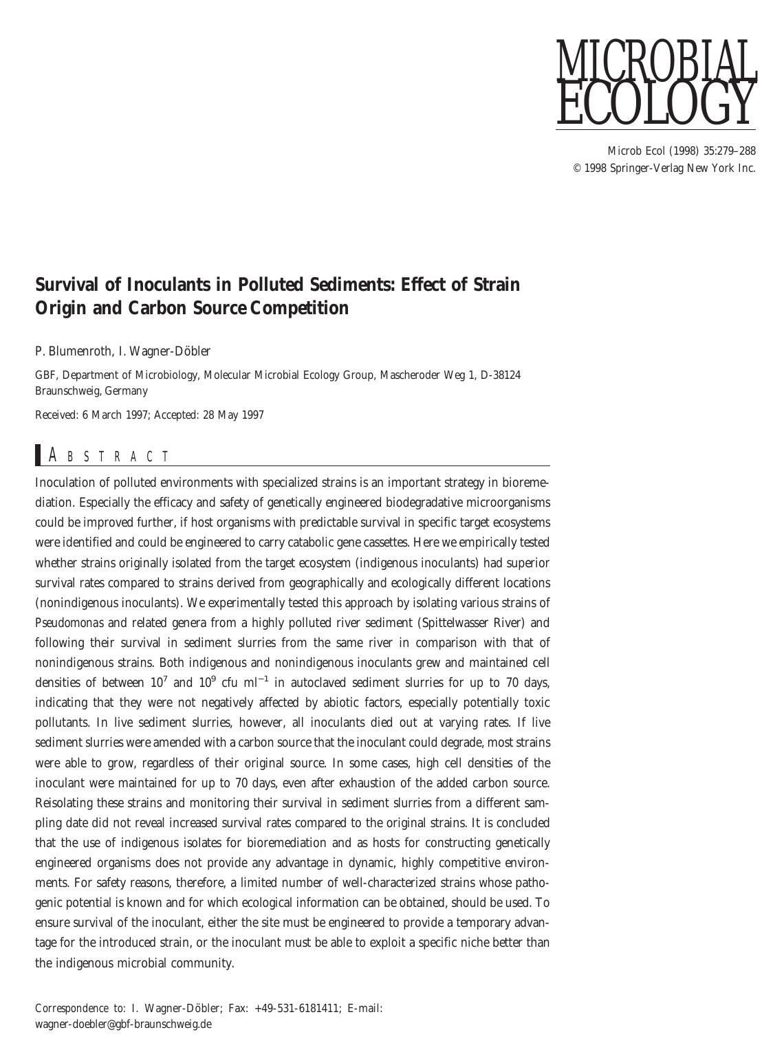 Survival of Inoculants in Polluted Sediments: Effect of Strain Origin and Carbon Source Competition by Blumenroth P. et al