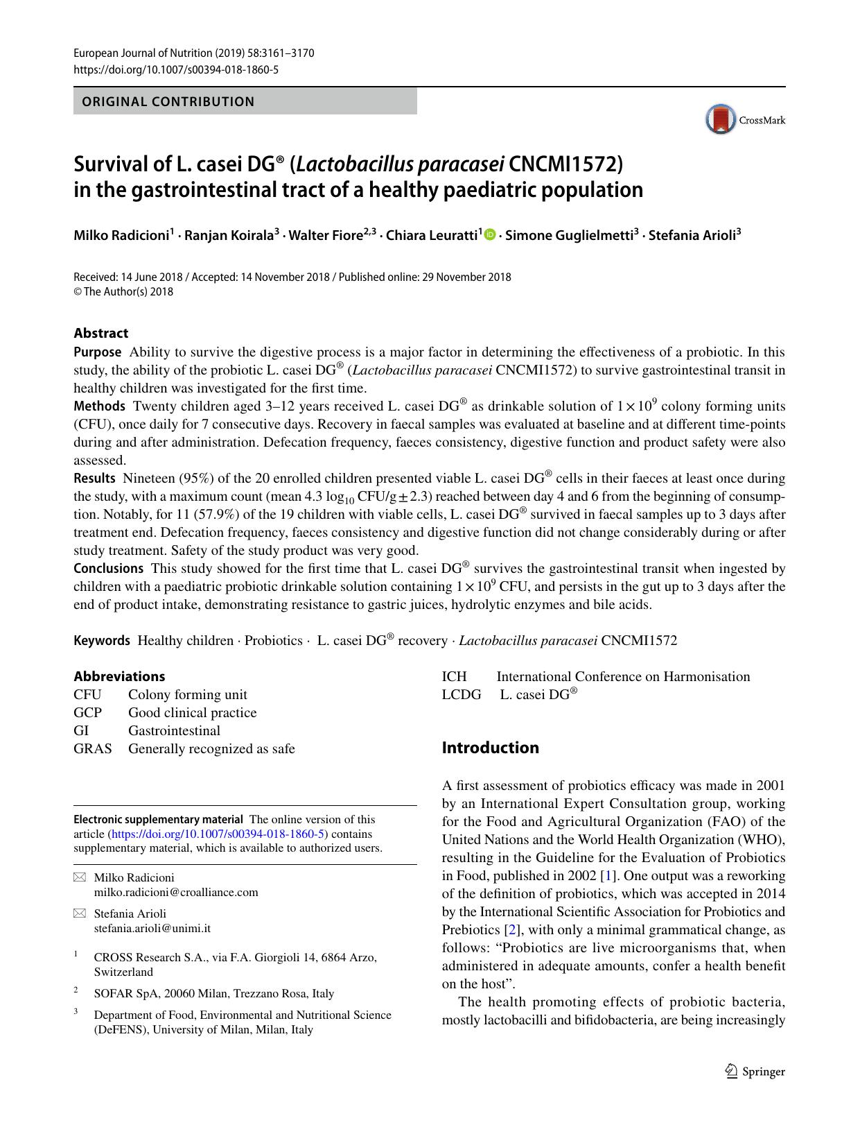 Survival of L. casei DGÂ® (Lactobacillus paracasei CNCMI1572) in the gastrointestinal tract of a healthy paediatric population by Milko Radicioni