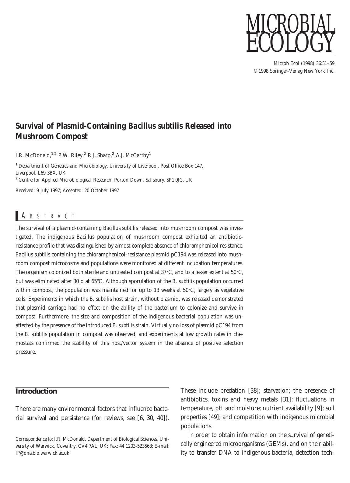 Survival of Plasmid-Containing Bacillus subtilis Released into Mushroom Compost by McDonald I. et al