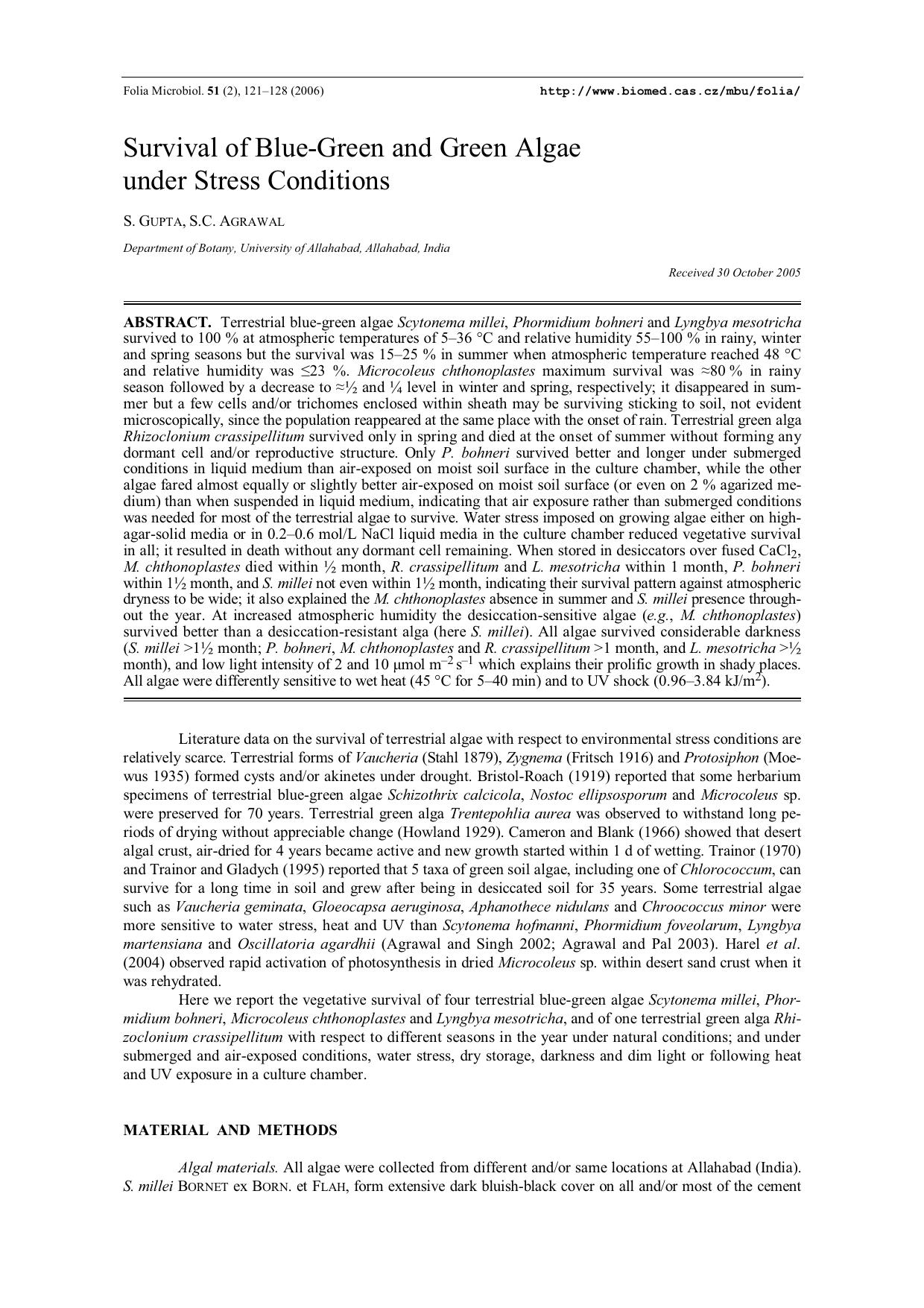 Survival of blue-green and green algae under stress conditions by Unknown