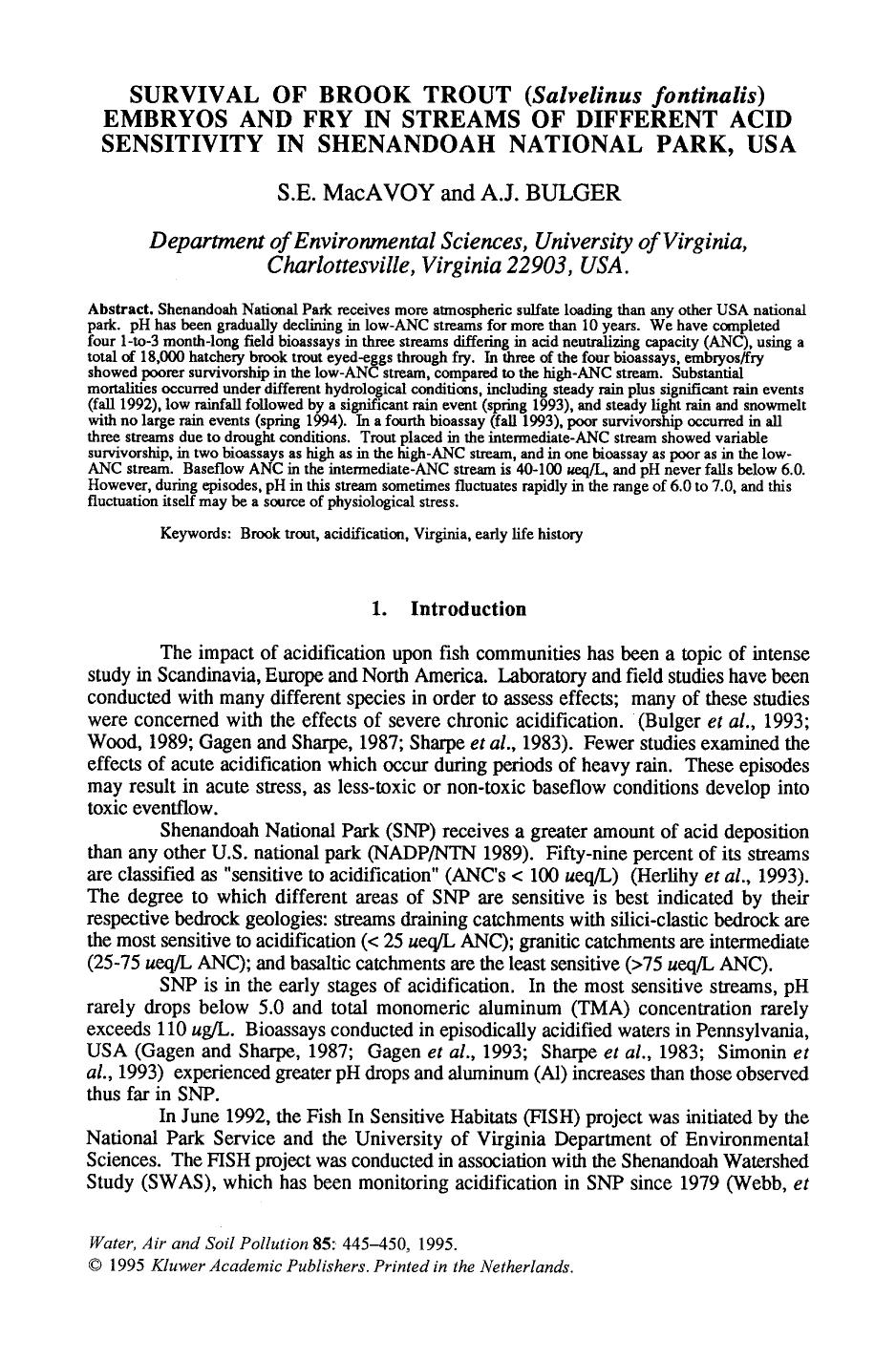 Survival of brook trout (<Emphasis Type="Italic">Salvelinus fontinalis<Emphasis>) embryos and fry in streams of different acid sensitivity in Shenandoah National Park, USA by Unknown