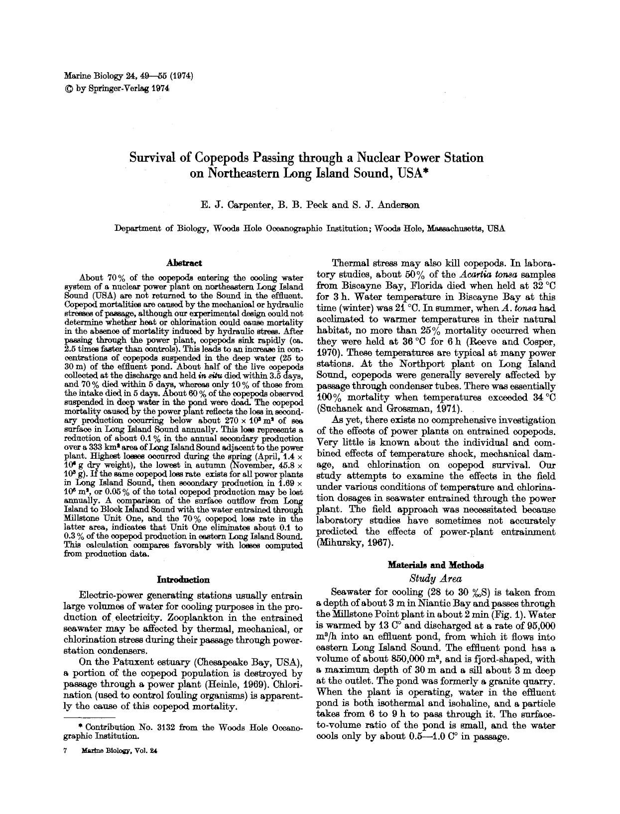 Survival of copepods passing through a nuclear power station on northeastern Long Island Sound, USA by Unknown