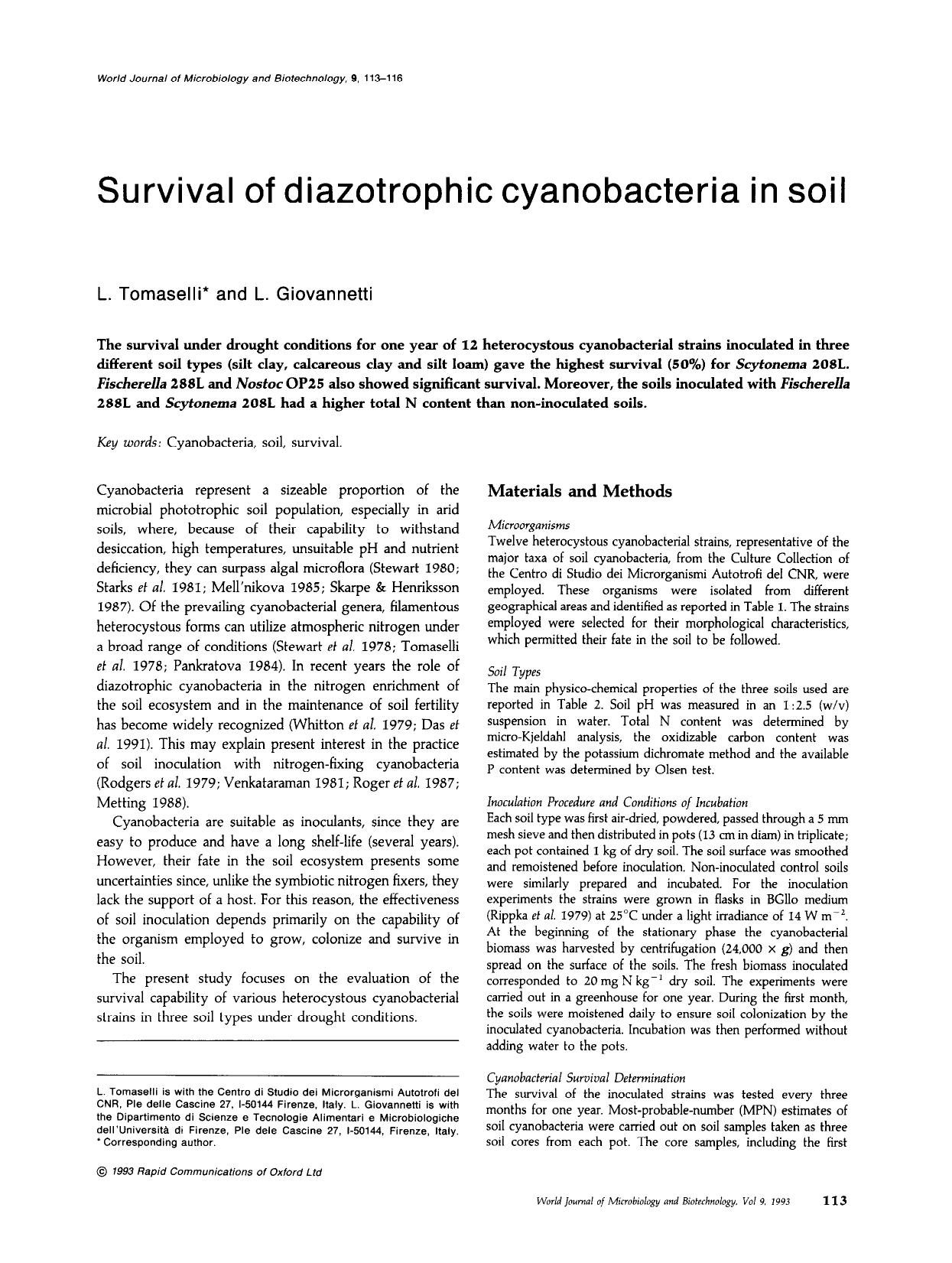 Survival of diazotrophic cyanobacteria in soil by Unknown