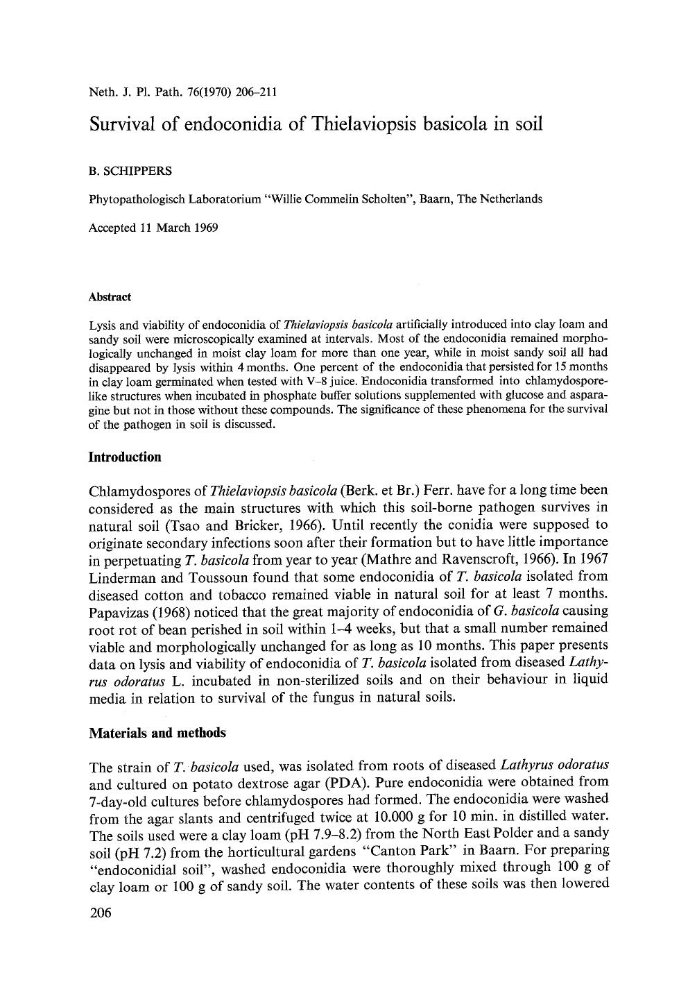 Survival of endoconidia of Thielaviopsis basicola in soil by Unknown