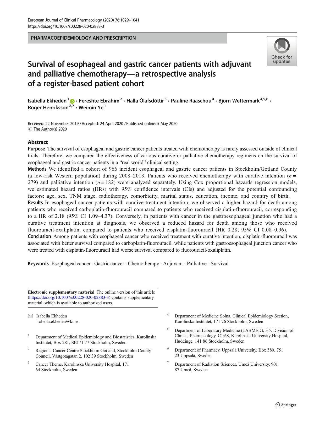 Survival of esophageal and gastric cancer patients with adjuvant and palliative chemotherapyâa retrospective analysis of a register-based patient cohort by unknow