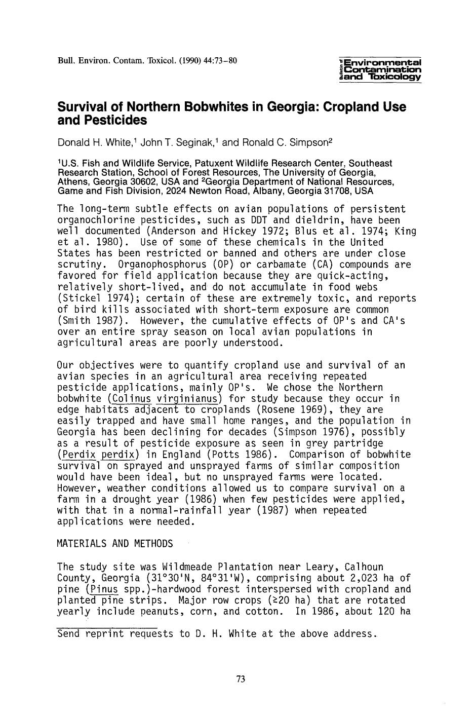 Survival of northern bobwhites in Georgia: Cropland use and pesticides by Unknown