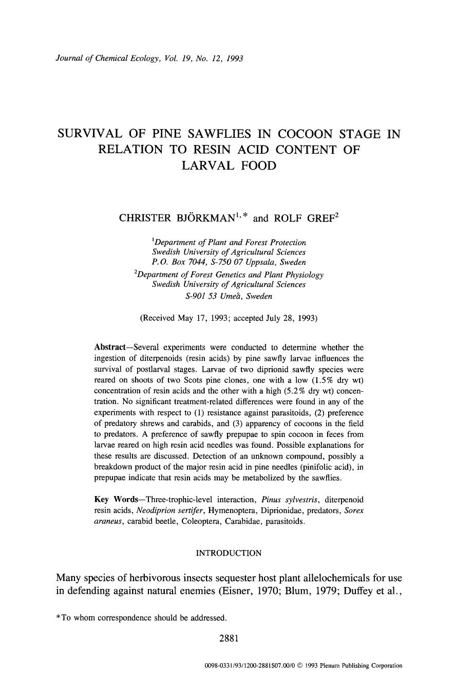Survival of pine sawflies in cocoon stage in relation to resin acid content of larval food by Unknown
