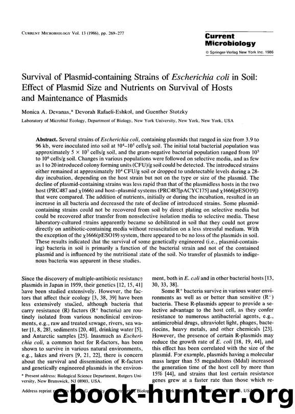 Survival of plasmid-containing strains of <Emphasis Type="Italic">Escherichia coli <Emphasis> in soil: Effect of plasmid size and nutrients on survival of hosts and maintenance of plasmids by Unknown