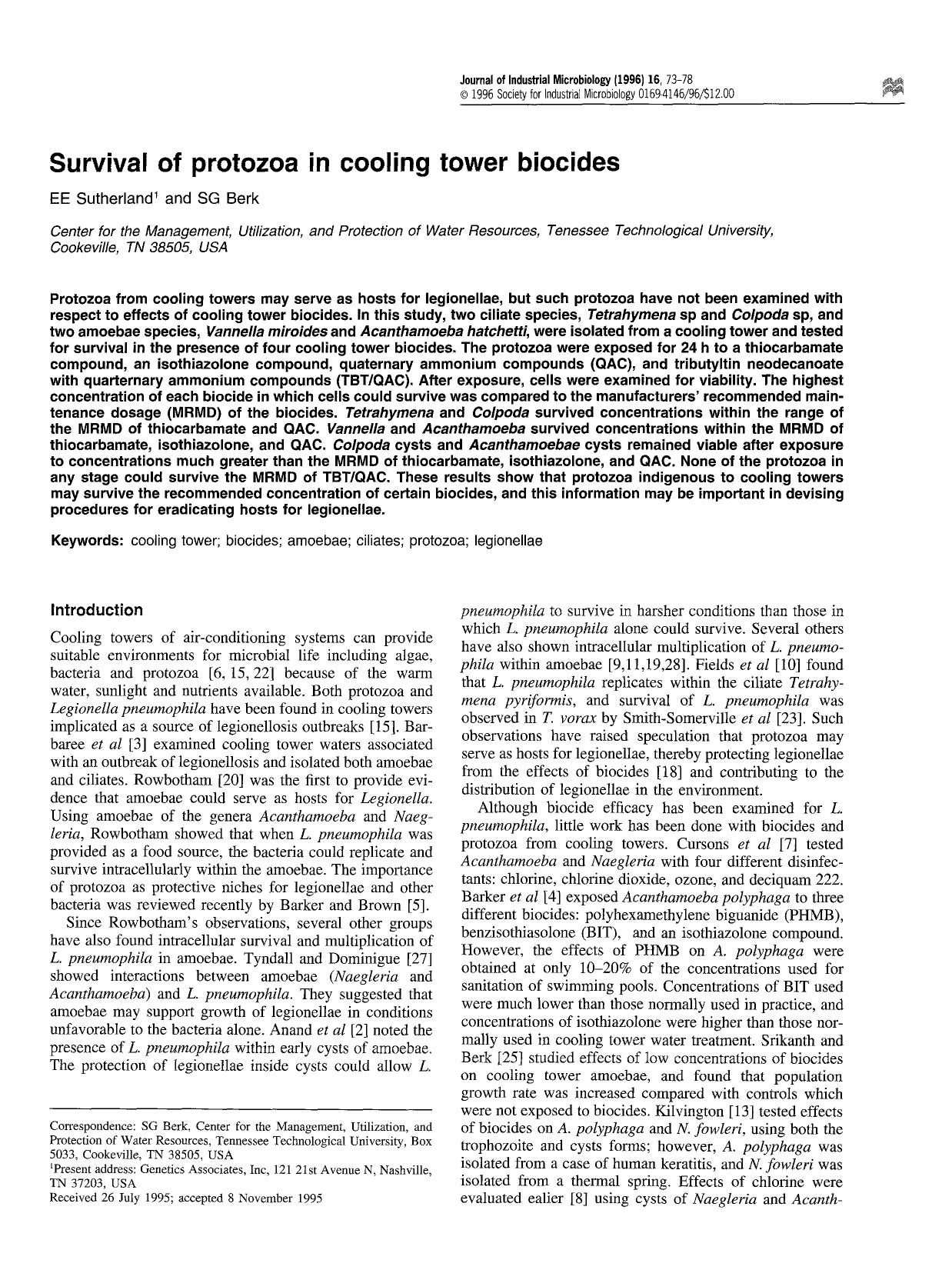 Survival of protozoa in cooling tower biocides by Unknown