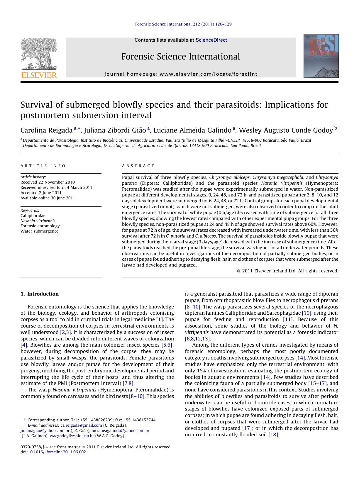 Survival of submerged blowfly species and their parasitoids: Implications for postmortem submersion interval by Carolina Reigada
