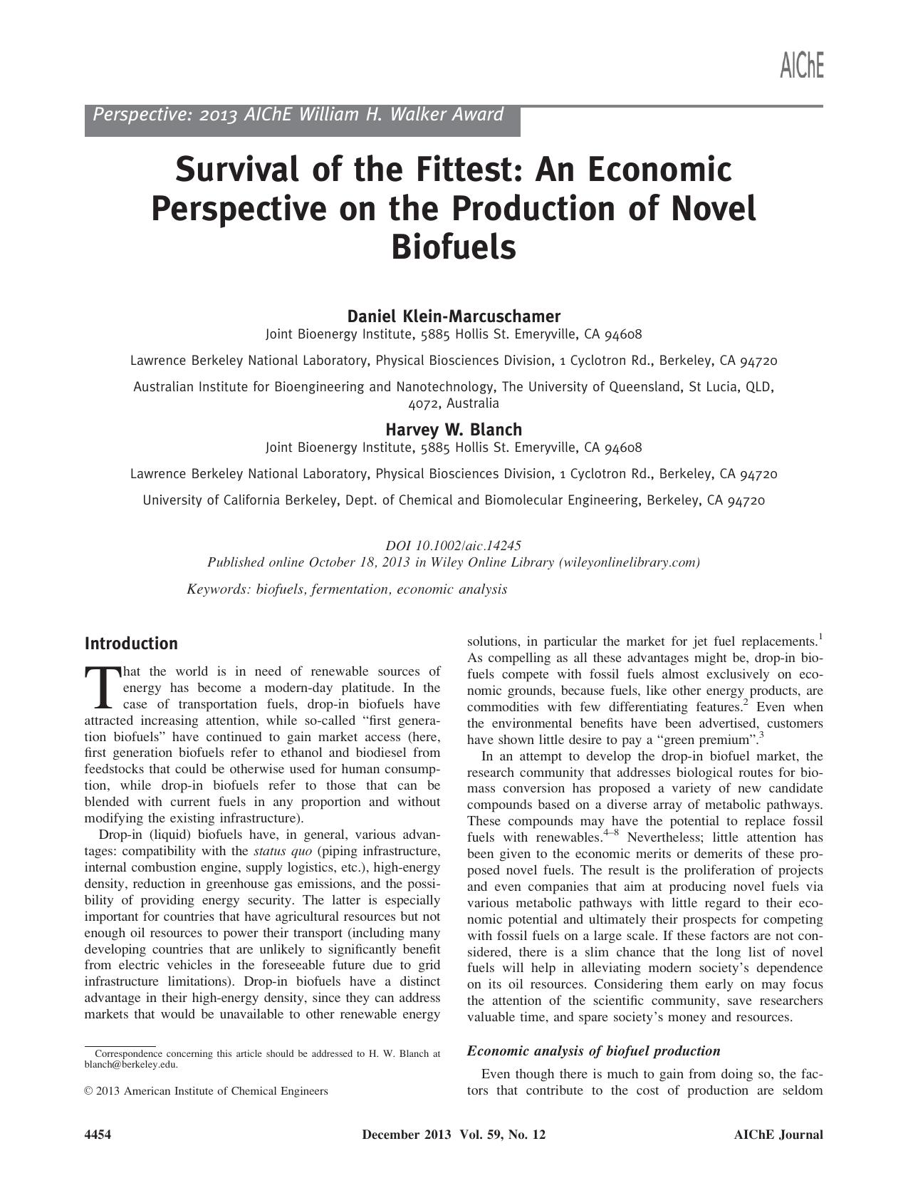 Survival of the fittest: An economic perspective on the production of novel biofuels by Unknown