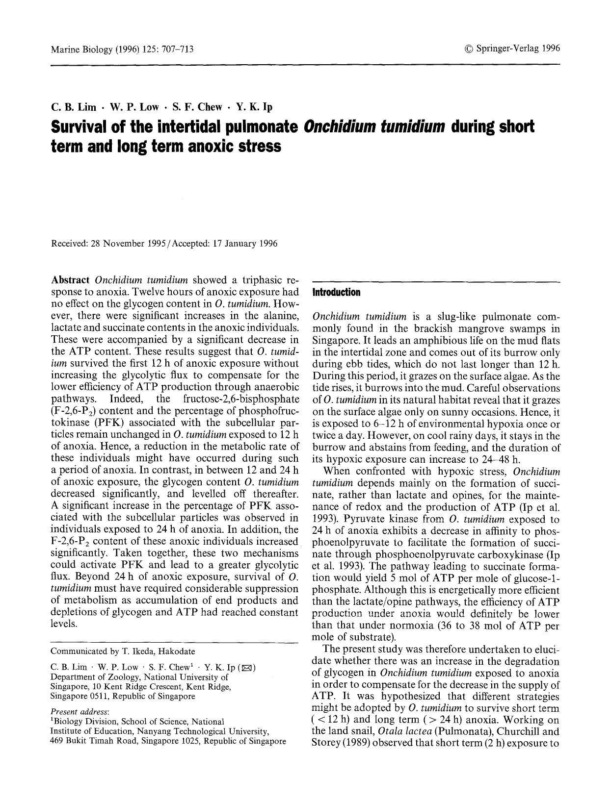 Survival of the intertidal pulmonate <Emphasis Type="Italic">Onchidium tumidium<Emphasis> during short term and long term anoxic stress by Unknown