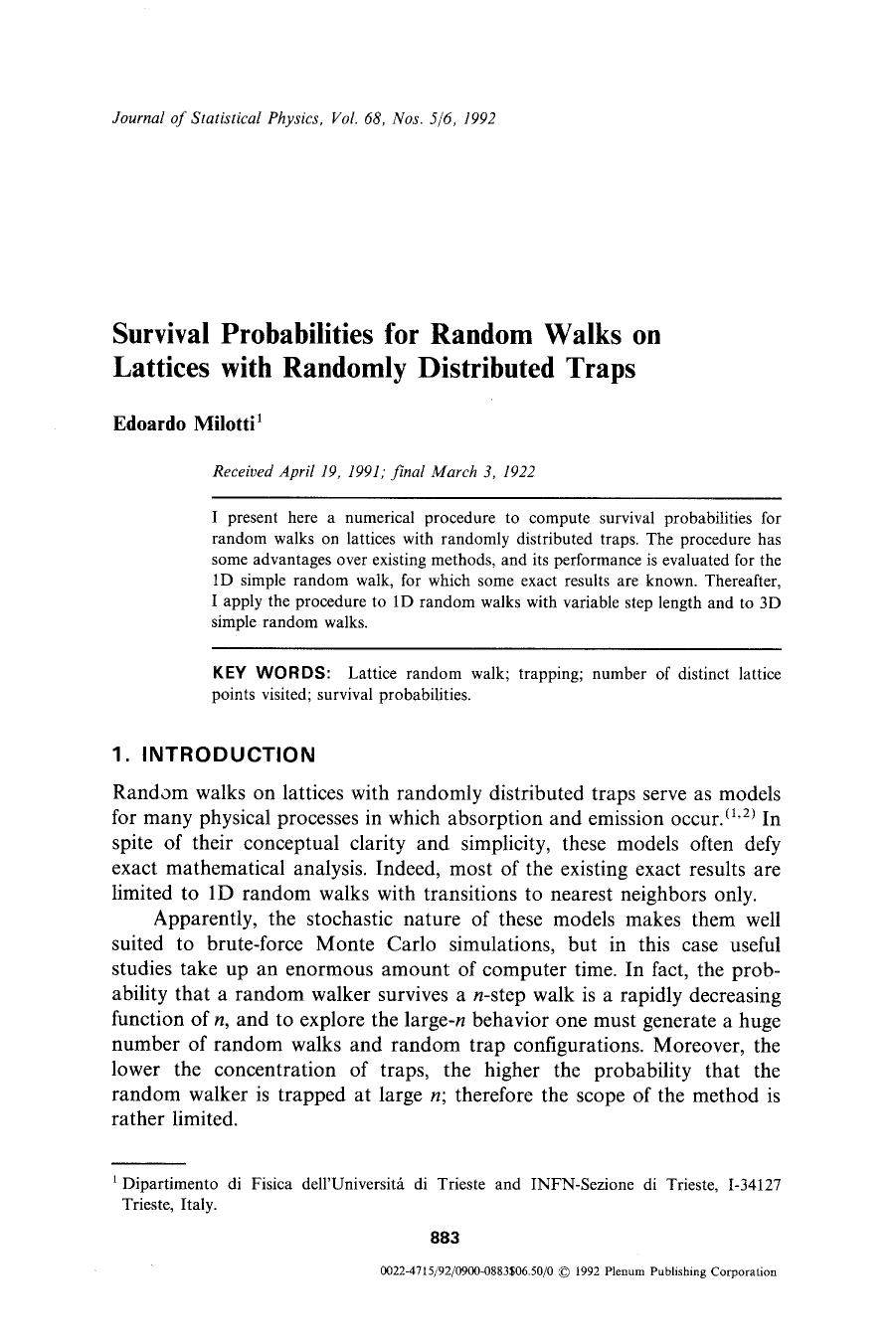 Survival probabilities for random walks on lattices with randomly distributed traps by Unknown