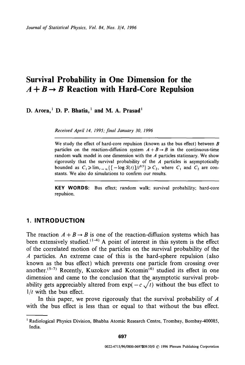 Survival probability in one dimension for the <Emphasis Type="Italic">A+B&#x2192;B <Emphasis> reaction with hard-core repulsion by Unknown