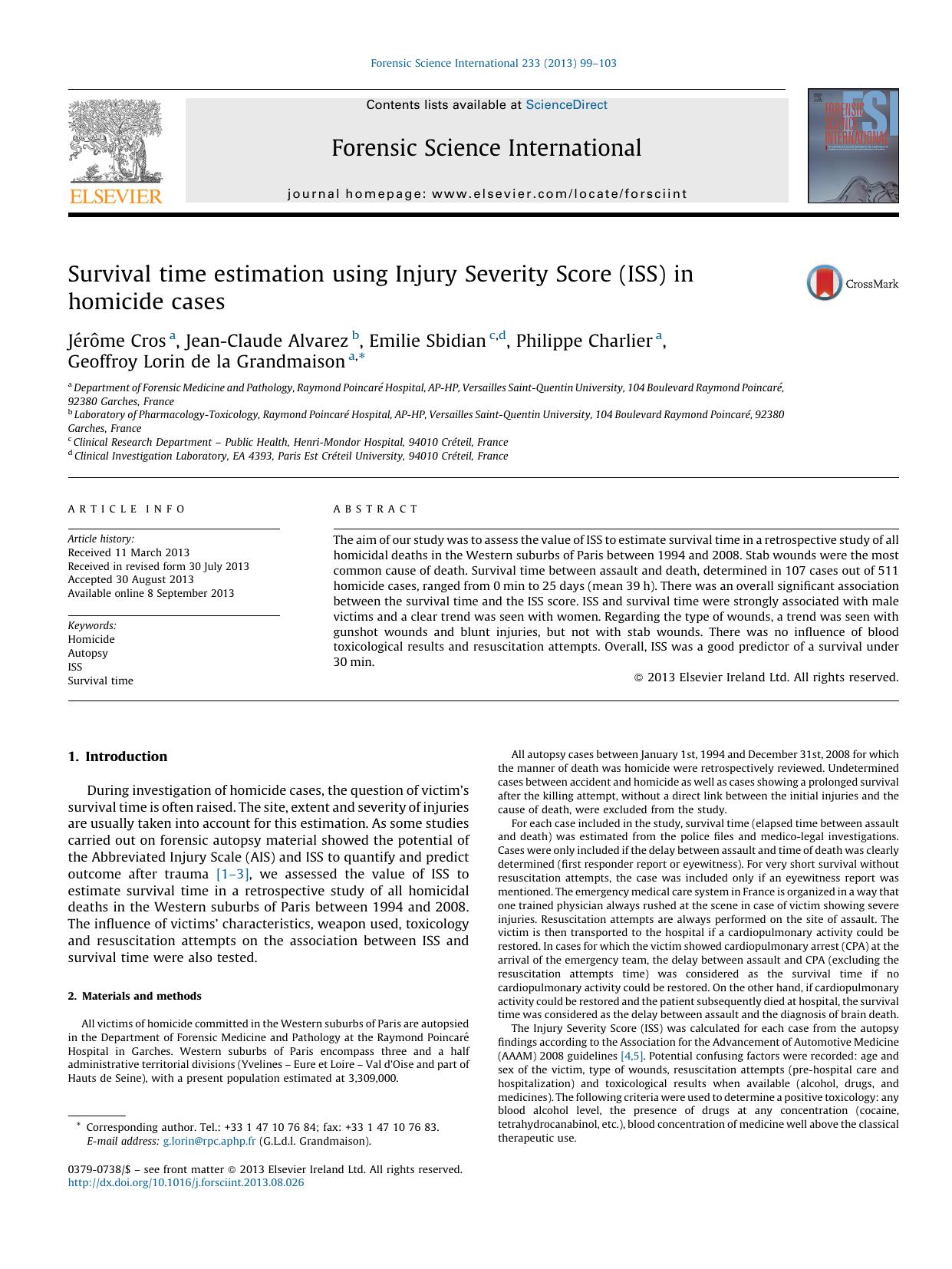 Survival time estimation using Injury Severity Score (ISS) in homicide cases by unknow