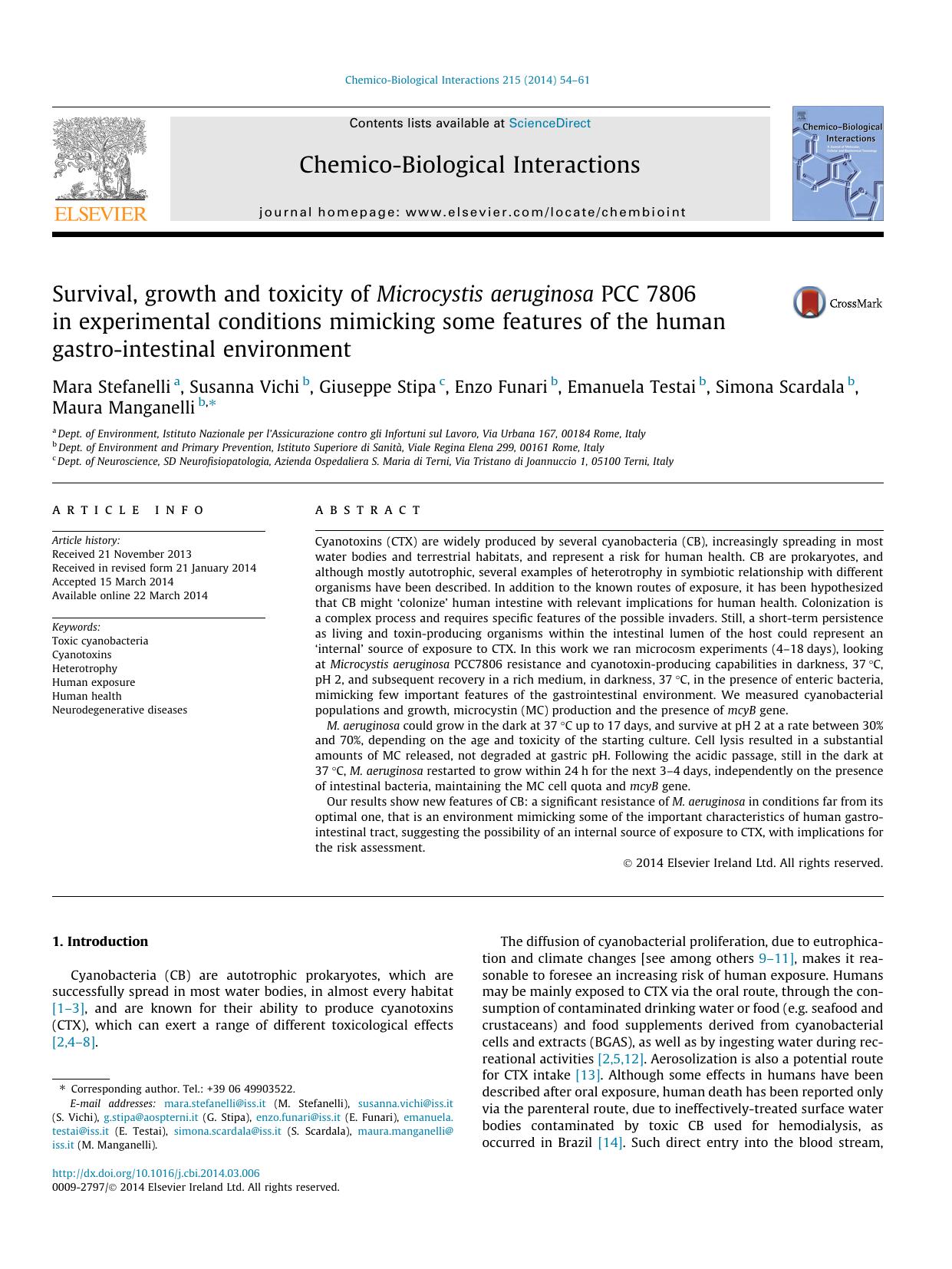 Survival, growth and toxicity of Microcystis aeruginosa PCC 7806 in experimental conditions mimicking some features of the human gastro-intestinal environment by unknow