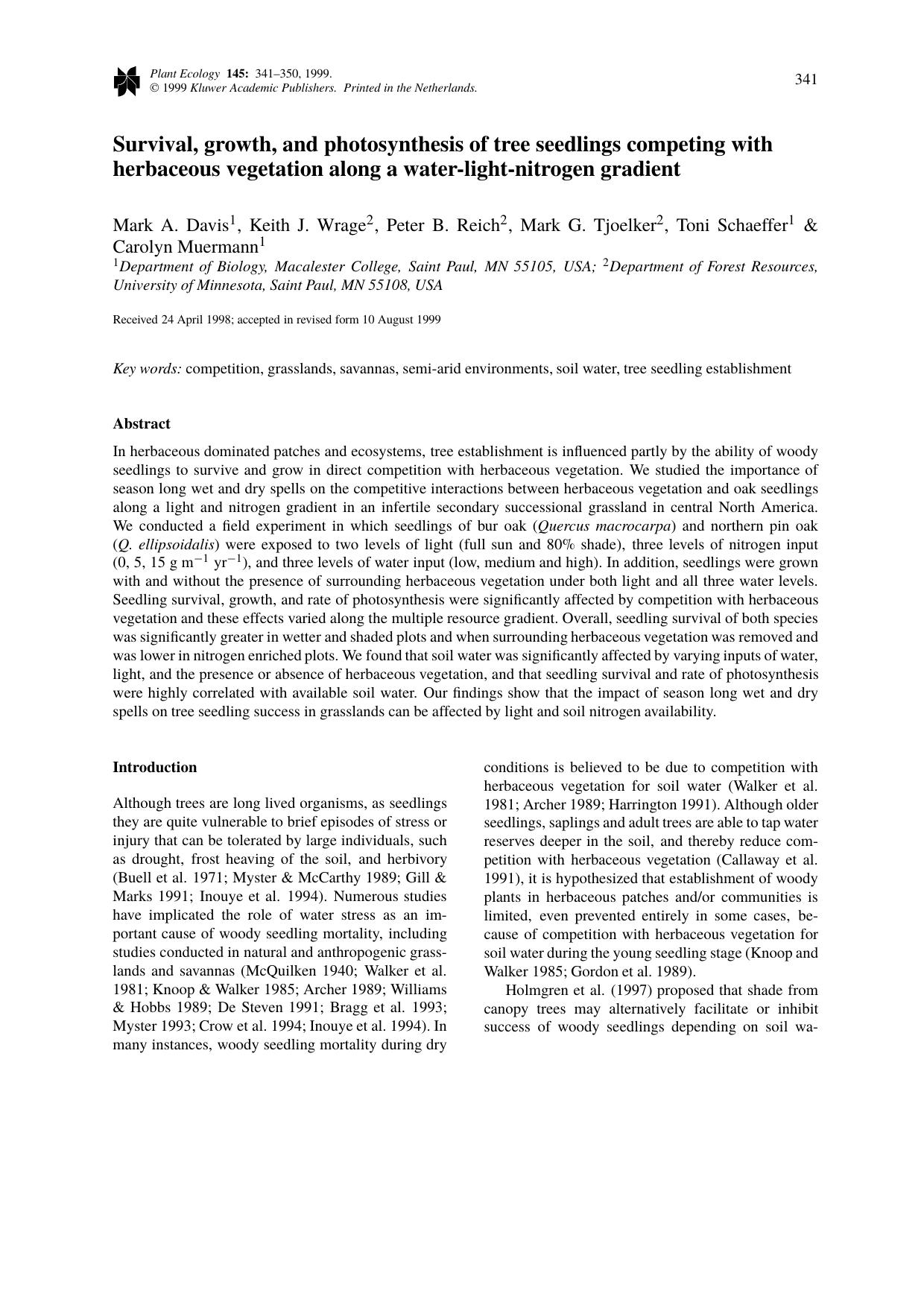 Survival, growth, and photosynthesis of tree seedlings competing with herbaceous vegetation along a water-light-nitrogen gradient by Unknown