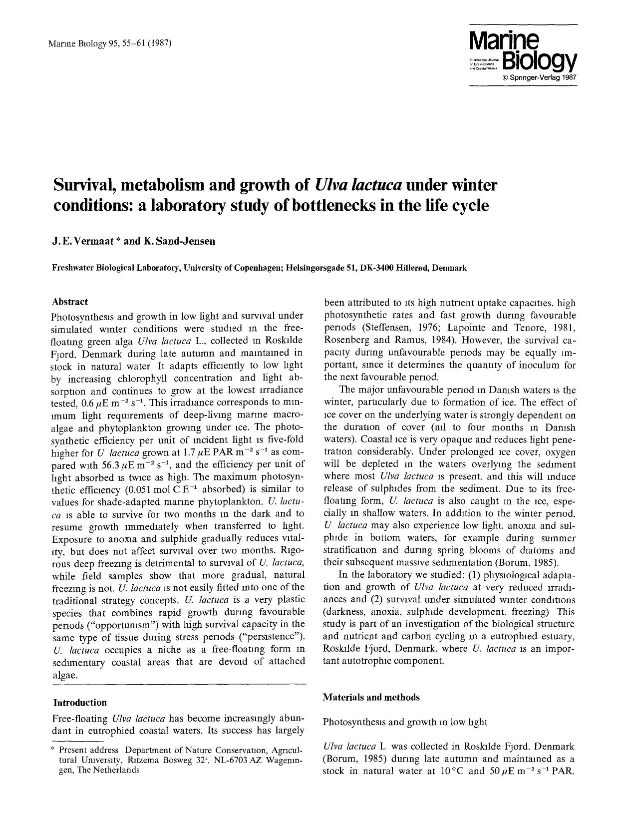 Survival, metabolism and growth of <Emphasis Type="Italic">Ulva lactuca<Emphasis> under winter conditions: a laboratory study of bottlenecks in the life cycle by Unknown