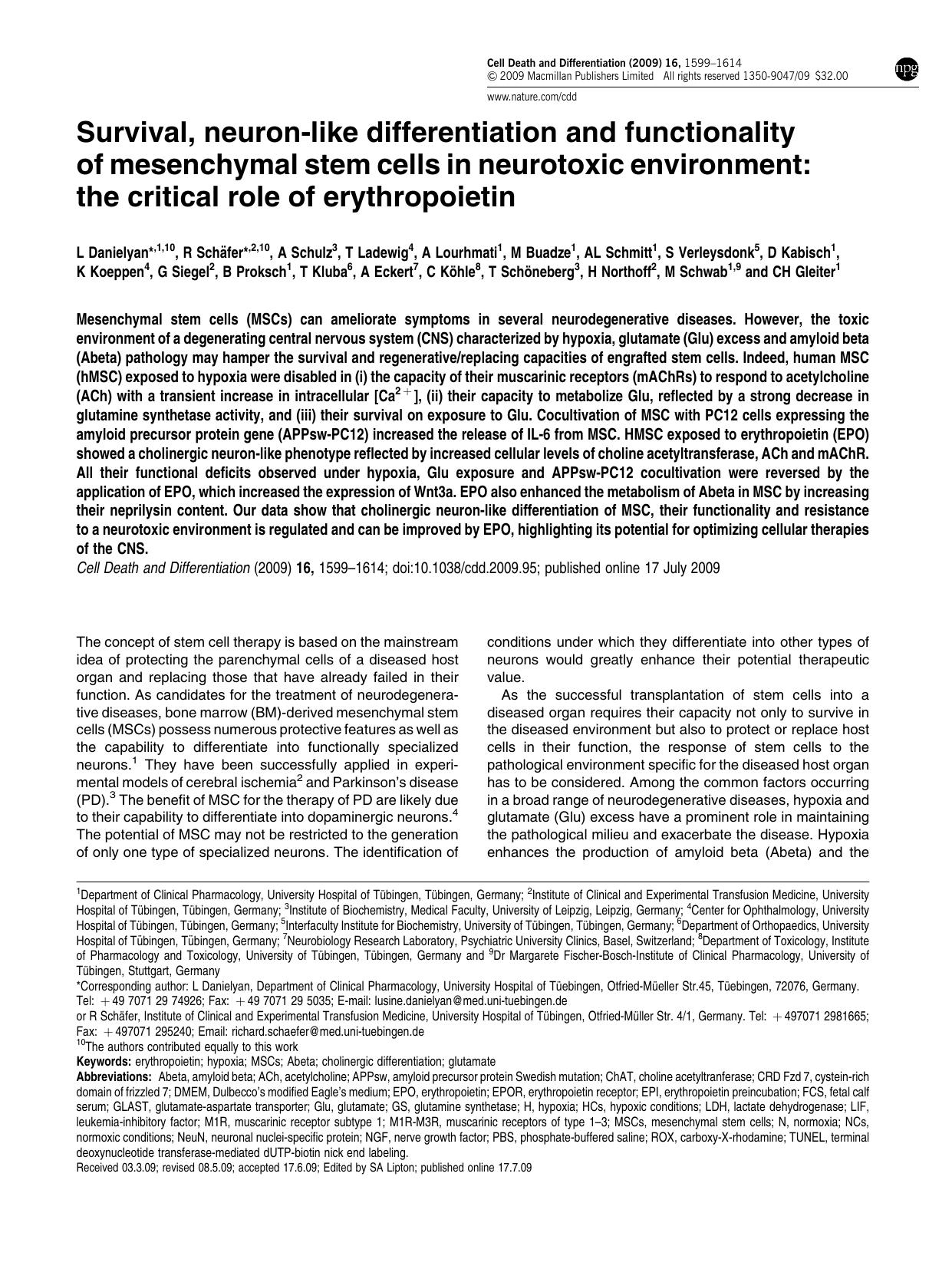 Survival, neuron-like differentiation and functionality of mesenchymal stem cells in neurotoxic environment: the critical role of erythropoietin by unknow