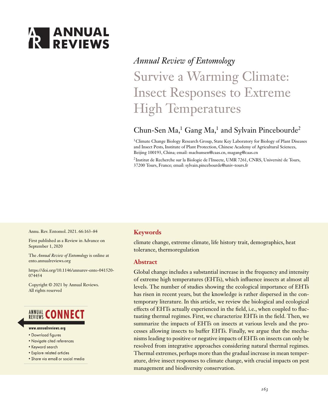 Survive a Warming Climate: Insect Responses to Extreme High Temperatures by Chun-Sen Ma Gang Ma Sylvain Pincebourde
