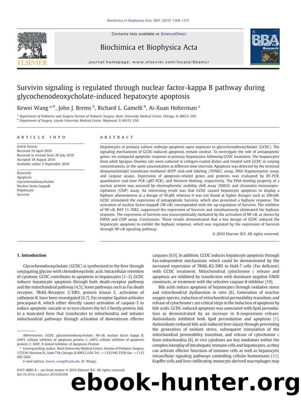 Survivin signaling is regulated through nuclear factor-kappa B pathway during glycochenodeoxycholate-induced hepatocyte apoptosis by Kewei Wang